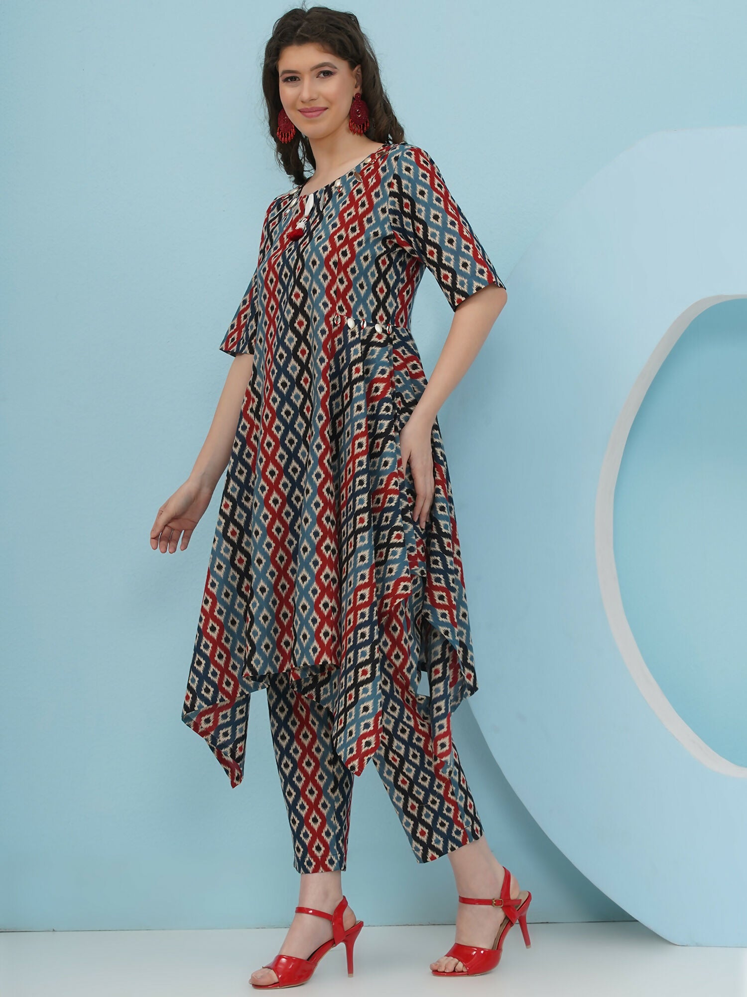 Joban Fashion Ikkat Printed Co Ord Set - Blue Red - Swadesiicart