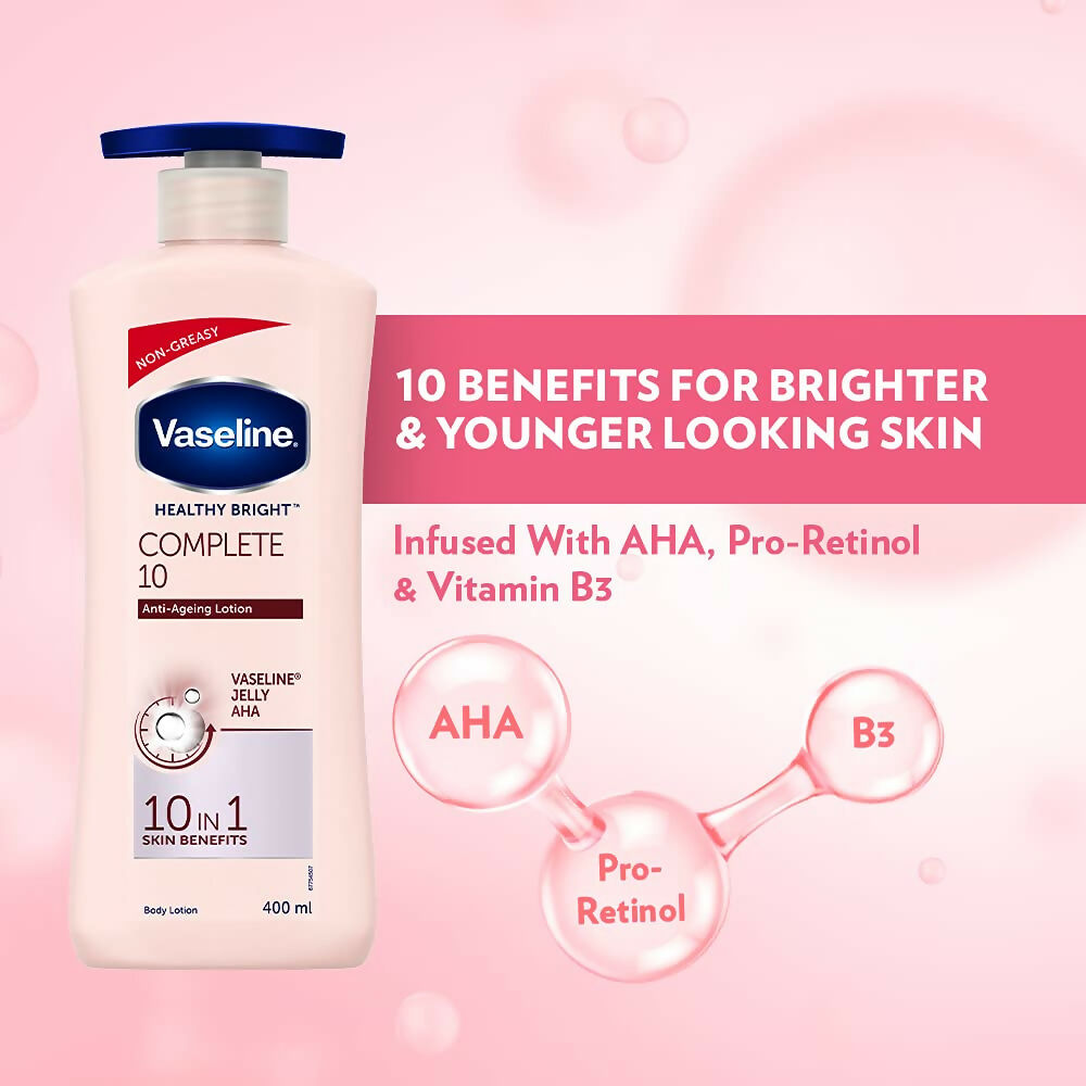 Vaseline Healthy Bright Complete 10 Anti Ageing Body Lotion, 10 in 1 Body Lotion With Vitamin B3, AHA, Pro-Retinol - Swadesiicart