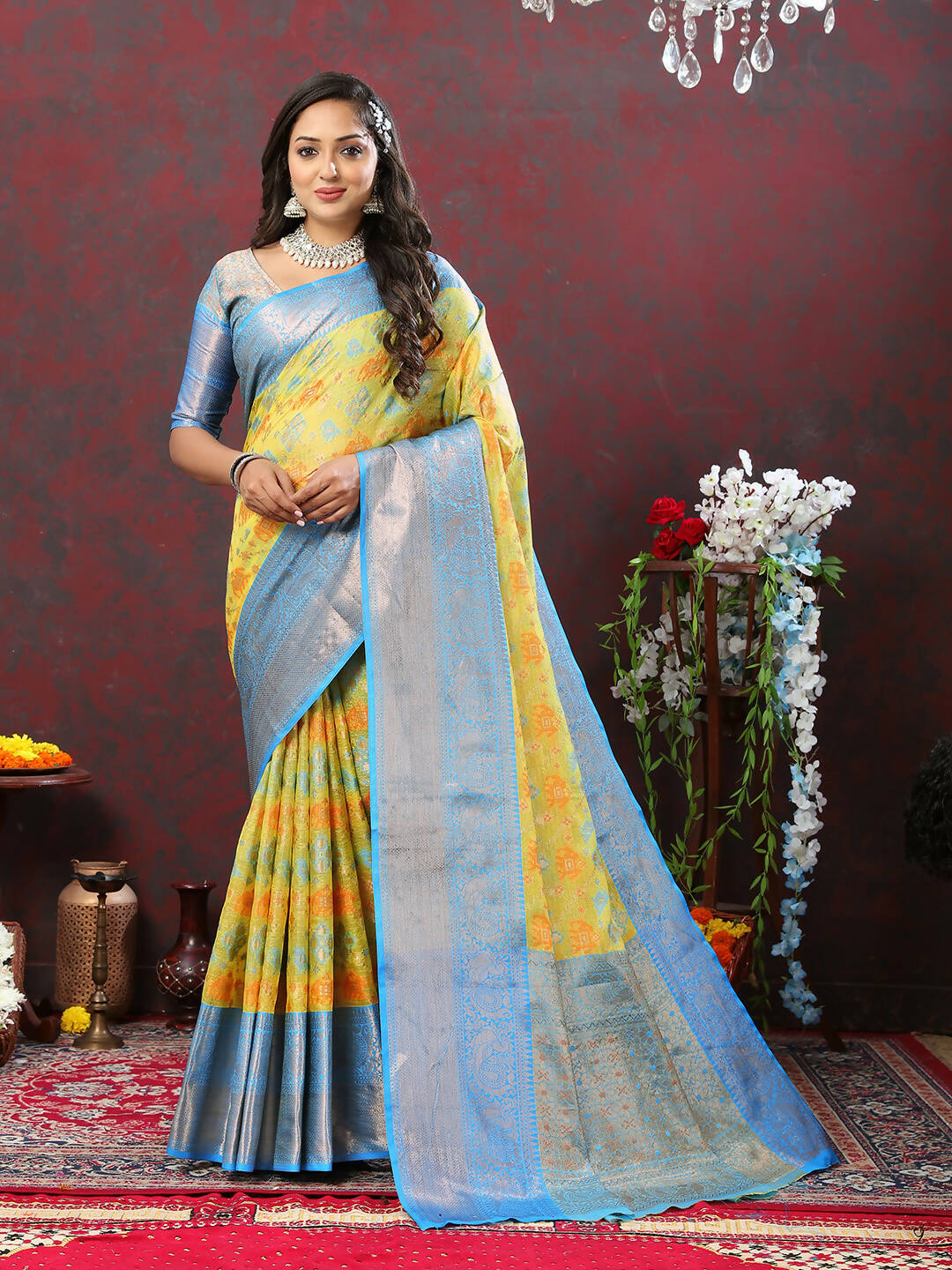 Lorenvalley Fashion Yellow Cotton Woven Design Zari Meenakari Weaving Saree - Swadesiicart