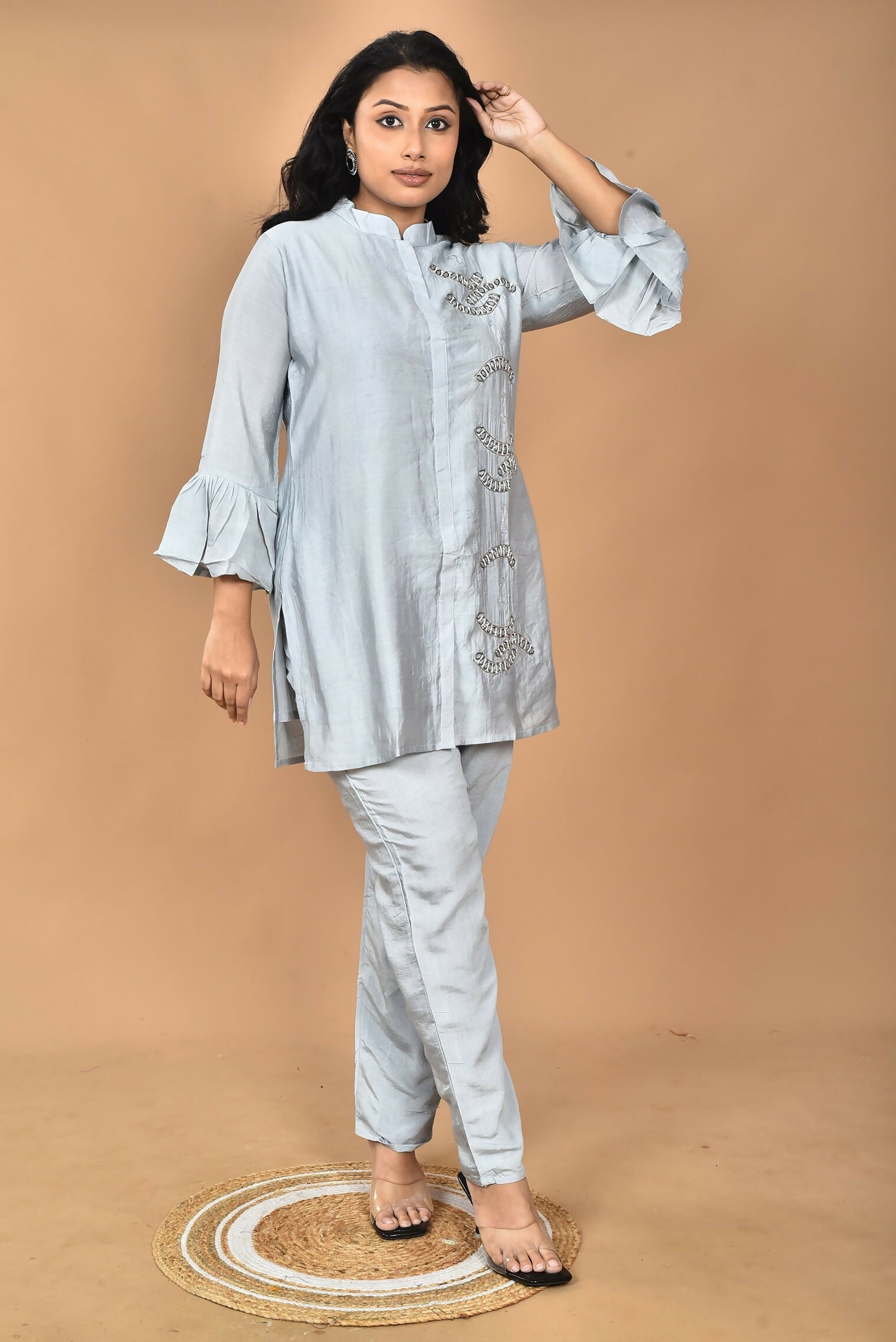 Morchari Women Hand Embroidery Co-Ords-Grey - Swadesiicart