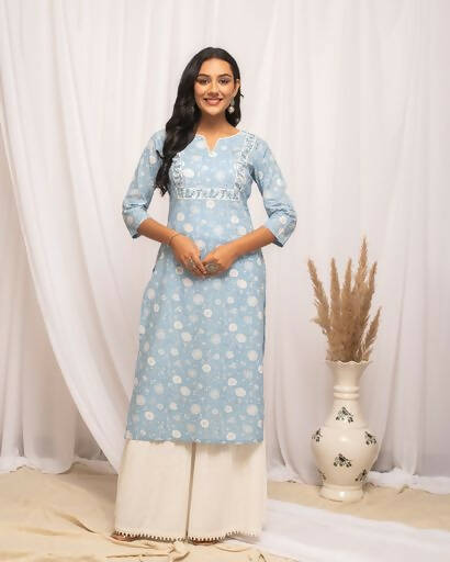FIORRA Women's Floral Printed Sky Blue Cotton Straight Kurta - Swadesiicart