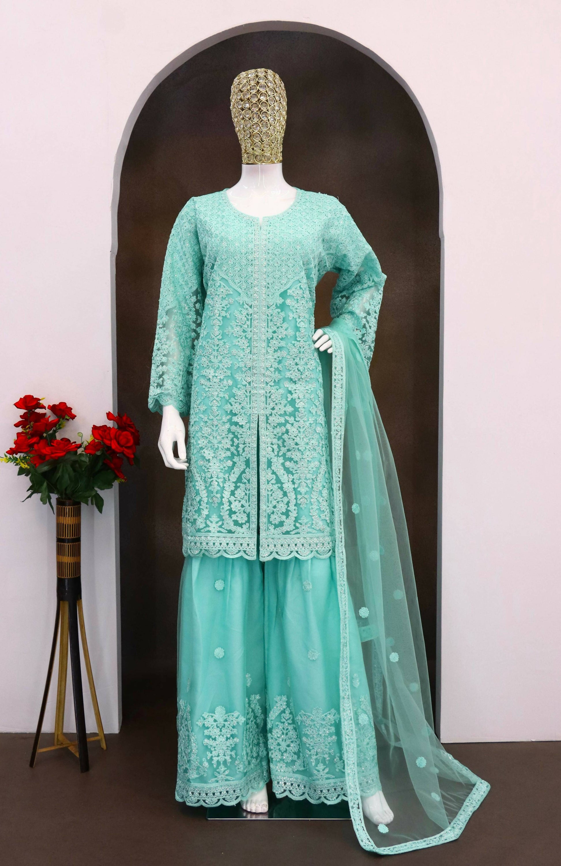 Anaita Sky Blue Heavy Net Readymade Suit with Embroidery & Sequence Work
