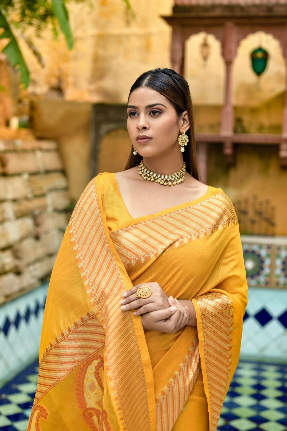 Vishnu Weaves Women's Yellow Cotton Silk Zari Woven Butta Work Saree with Blouse - Swadesiicart