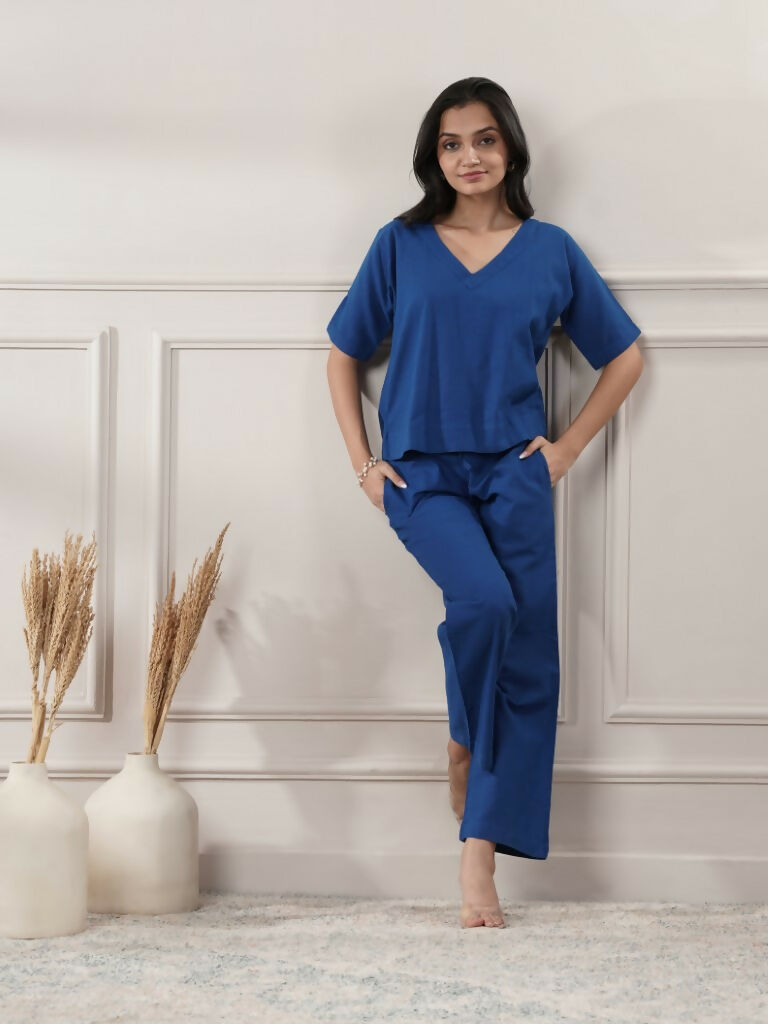 Joban Fashion Women's Royal Blue Co-Ord Set V Neck - Swadesiicart