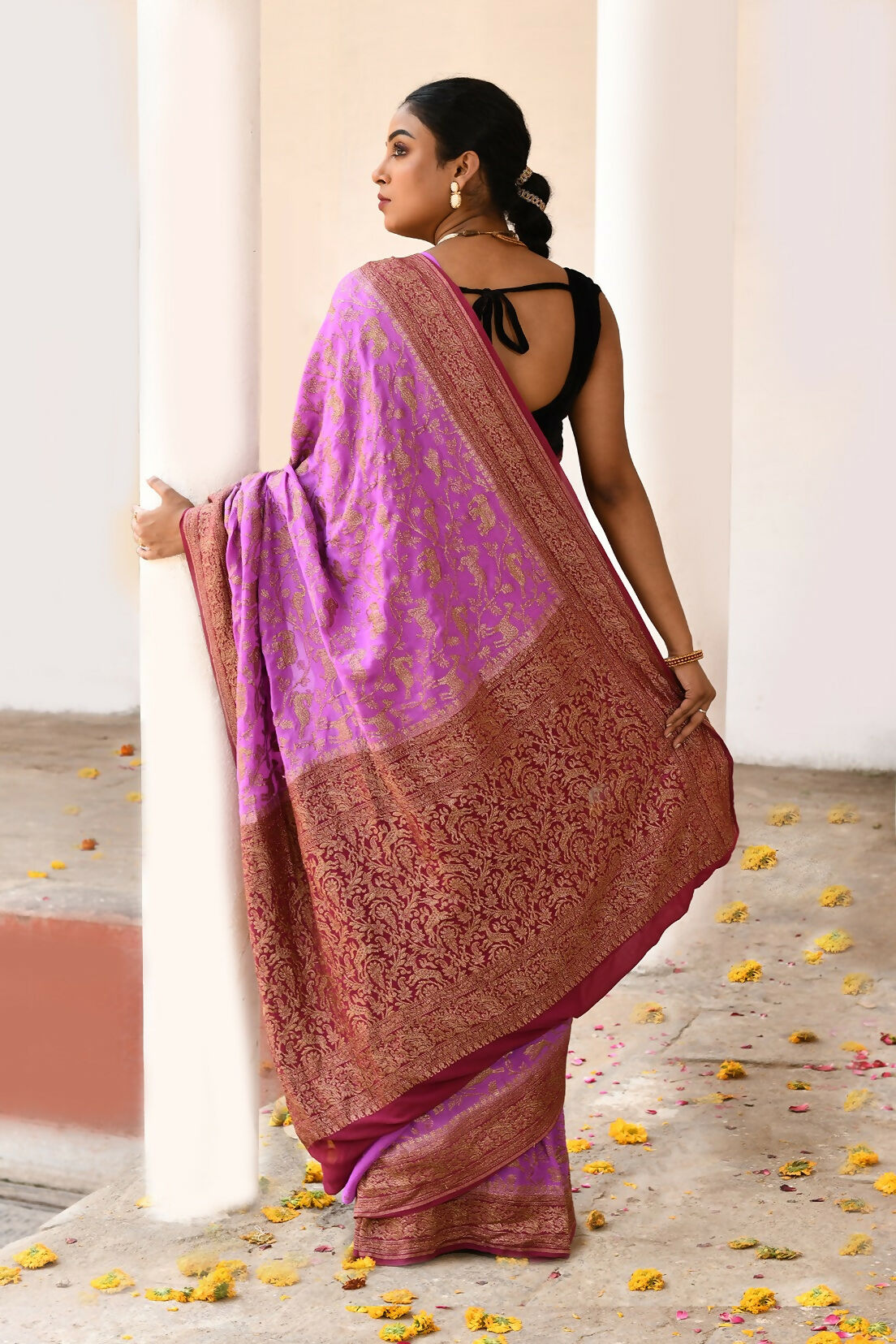 Joban Fashion Hot Pink Crepe Chiffon Pure Handloom Banarasi Silk Saree | Swadesiicart