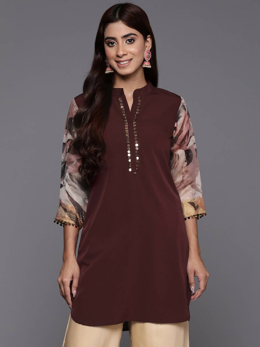 Ahalyaa Brown & Gold-Toned Mandarin Collar Printed Tunic - Brown Color | Swadesiicart
