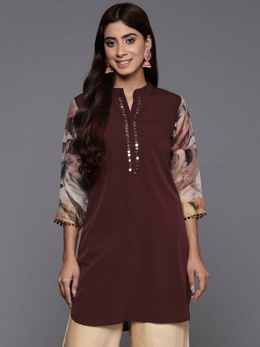 Ahalyaa Brown & Gold-Toned Mandarin Collar Printed Tunic - Brown Color | Swadesiicart
