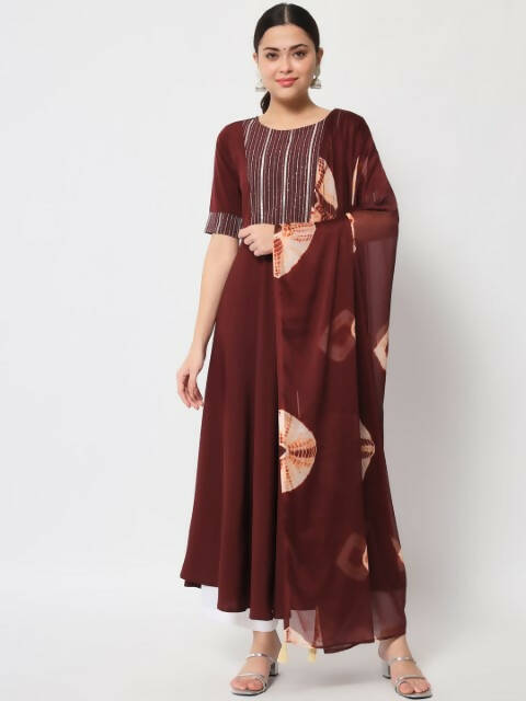 FIORRA Women's Maroon Poly Crepe Flared Kurta With Dupatta - Swadesiicart