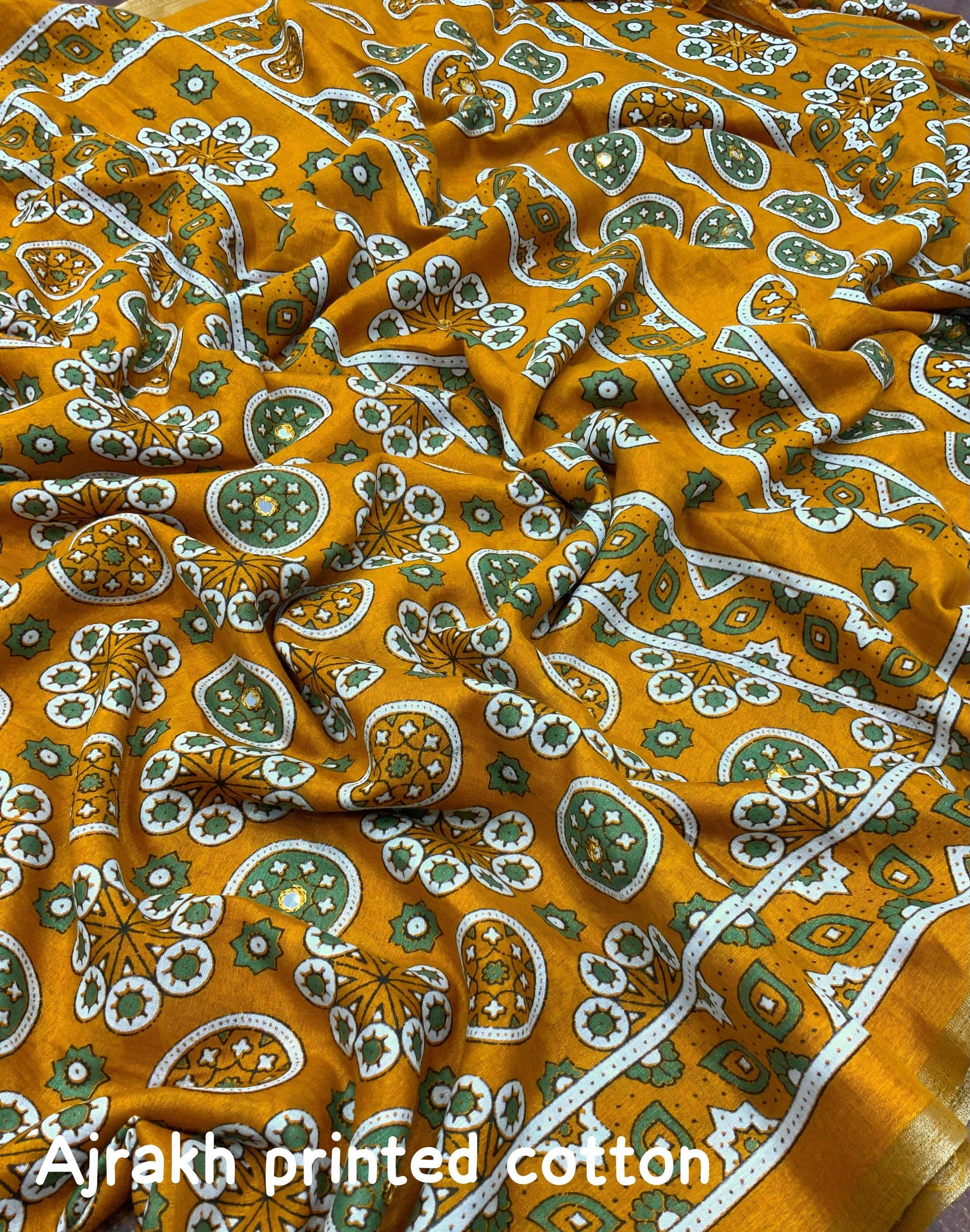 Mustard Cotton Blend Ajrak Saree with Unstitched Blouse - Hiral Fashion | Swadesiicart