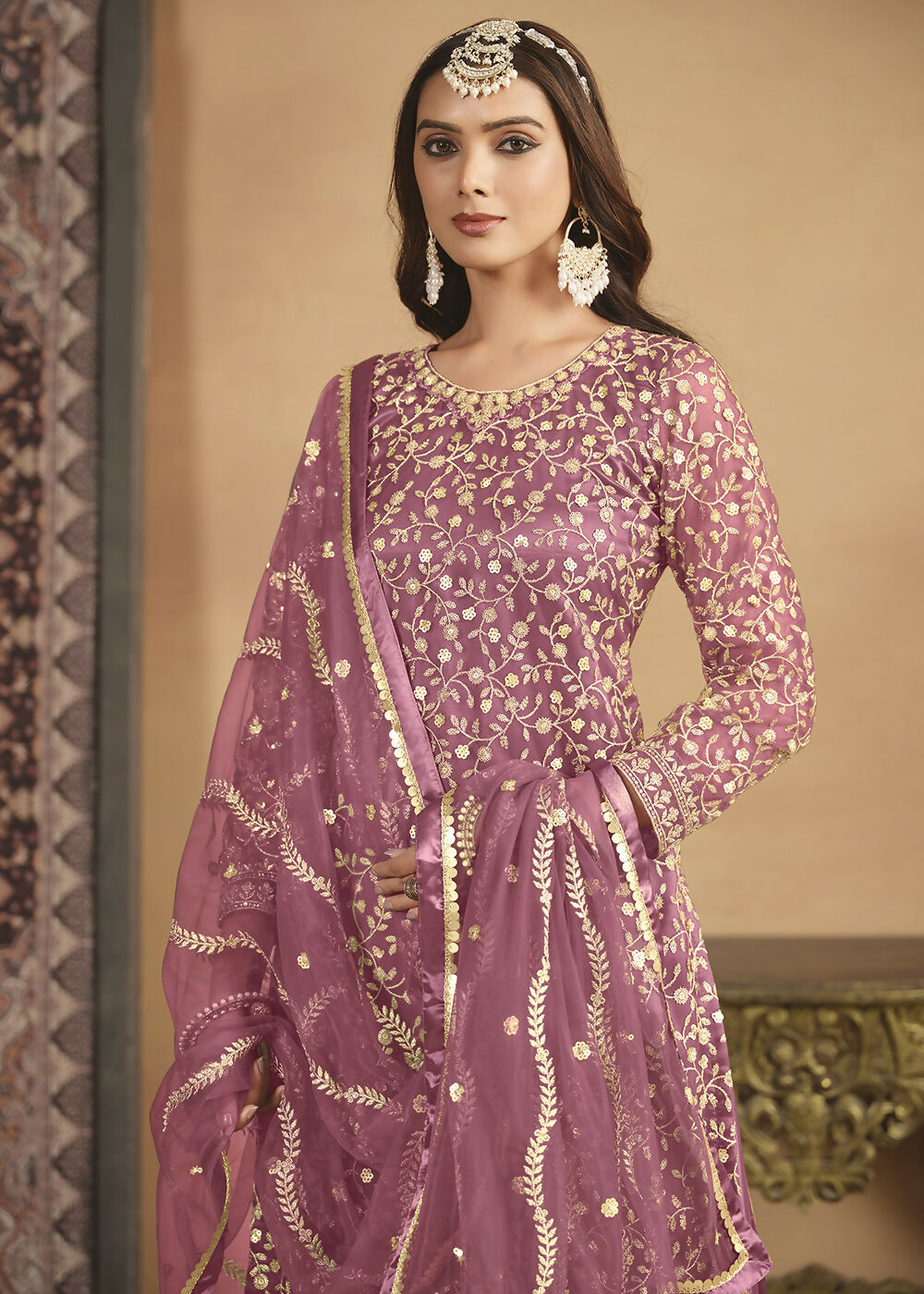 Net Onion Pink Embroidered Festive Gharara Style Suit - Emponline | Swadesiicart