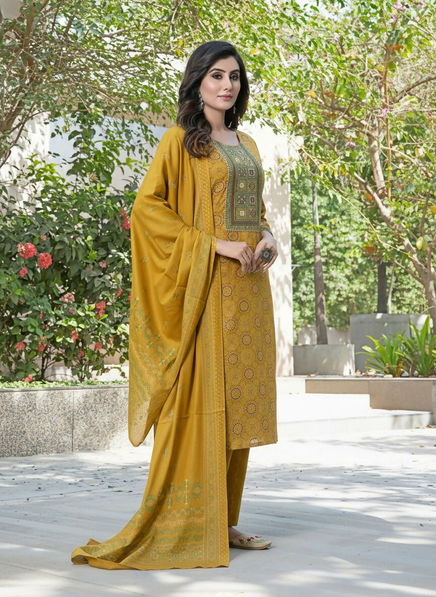 BulBul Aaliya Bright Mustard Cotton Kurta Set with Dupatta - Swadesiicart