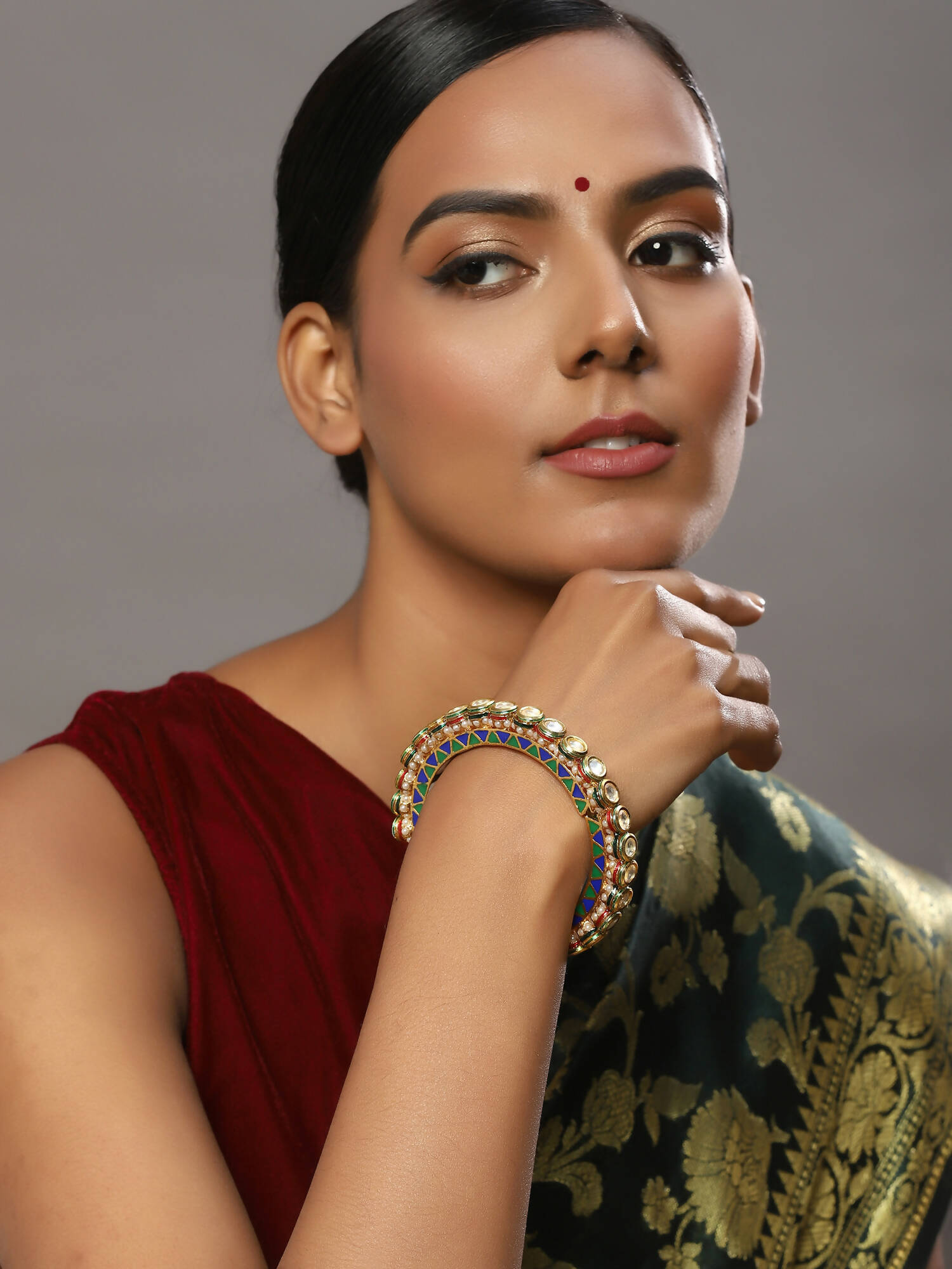 Gold-Polished Stone Studded Meenakari Bangle - Ruby Raang - Ruby Raang Studio
