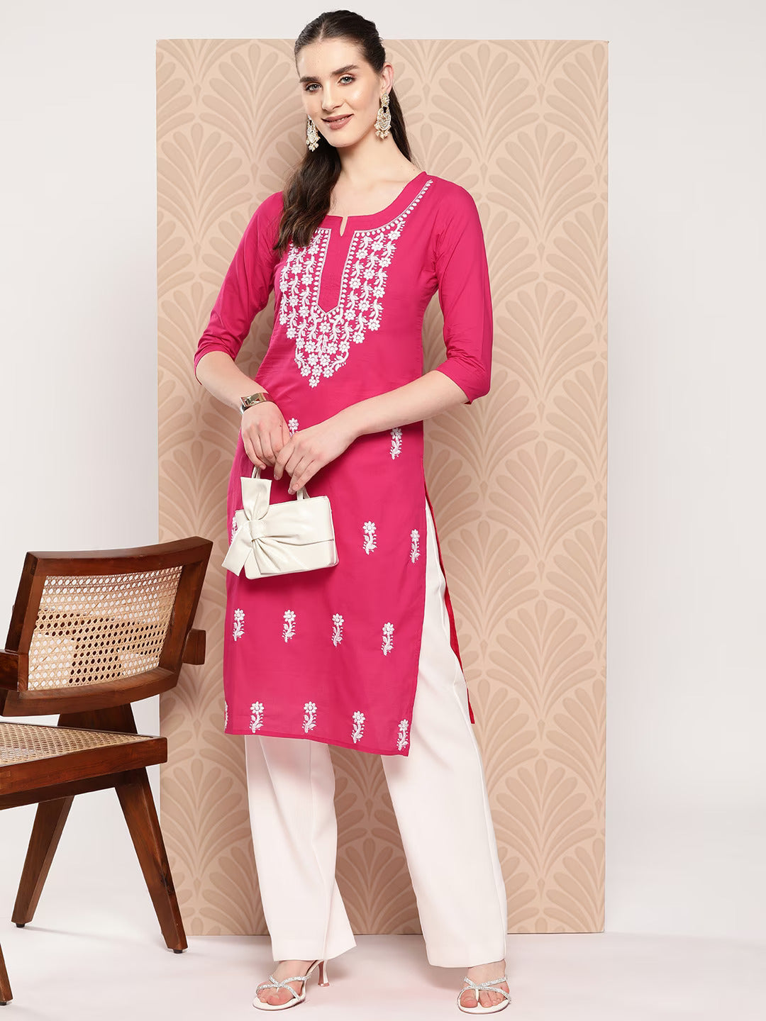 Yufta Hot Pink Floral Embroidered Pure Cotton Kurta - Swadesiicart
