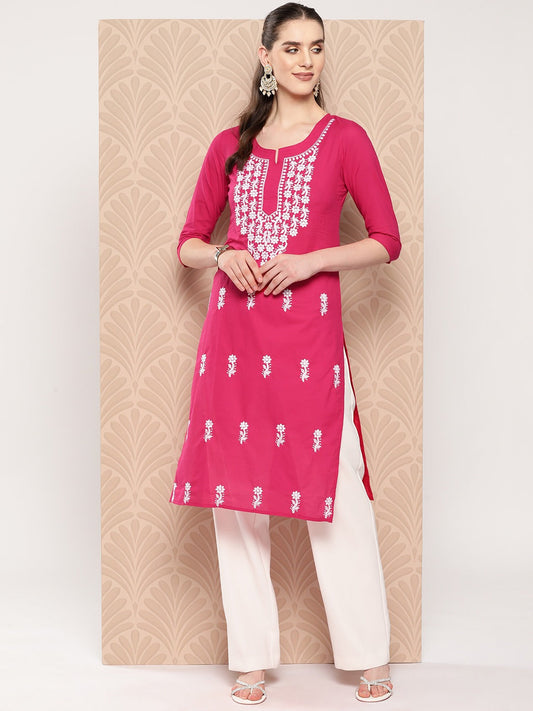 Yufta Hot Pink Floral Embroidered Pure Cotton Kurta - Swadesiicart