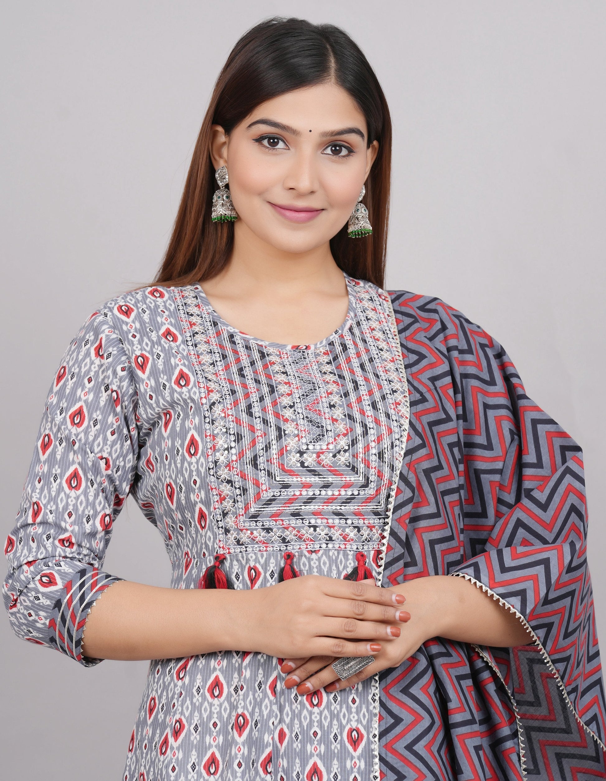 House of RP Women's Grey Cotton Kurta & Dupatta Set | Swadesiicart