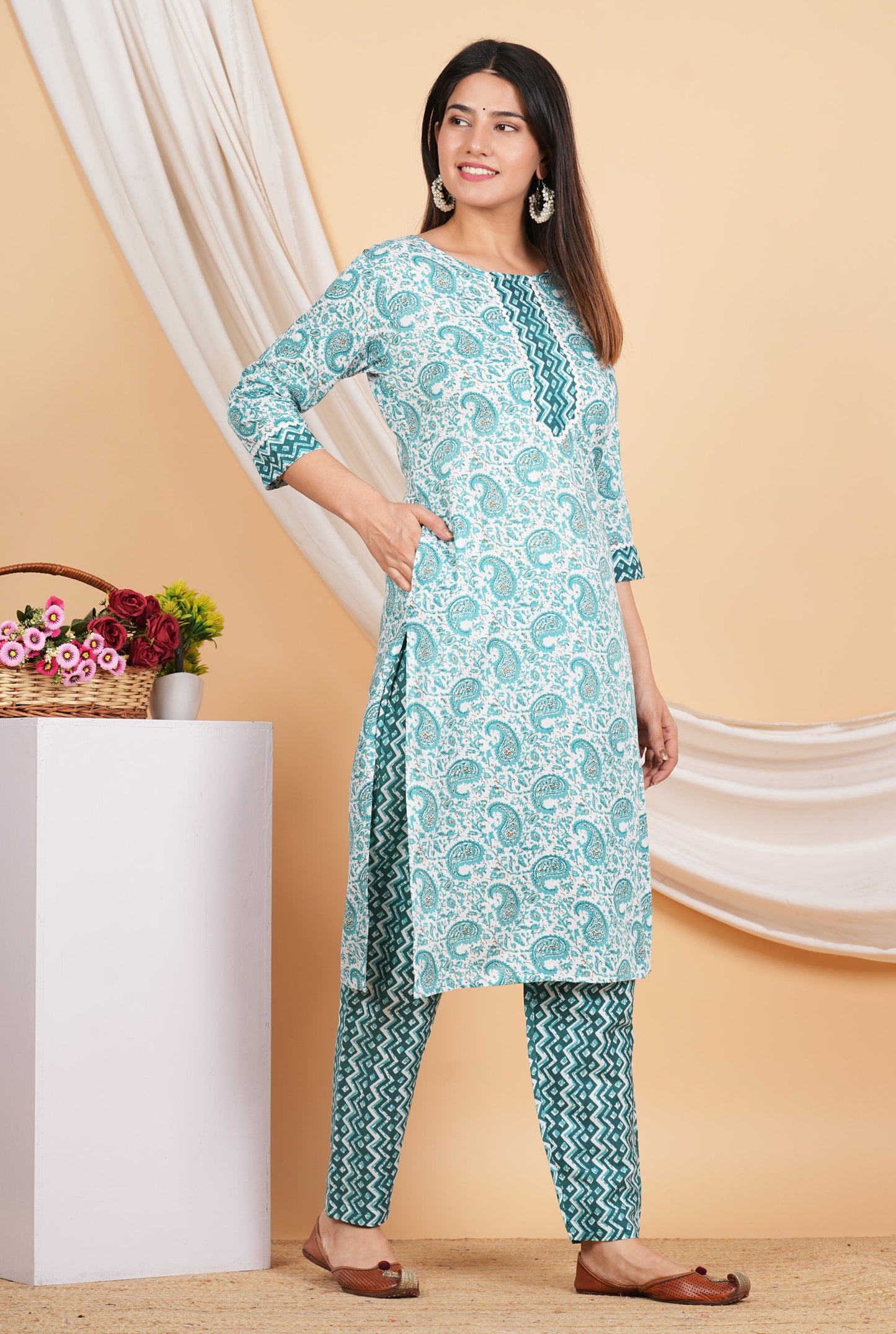 House of RP Women Green Rayon Ethnic Print Kurta & Pant Set | Swadesiicart