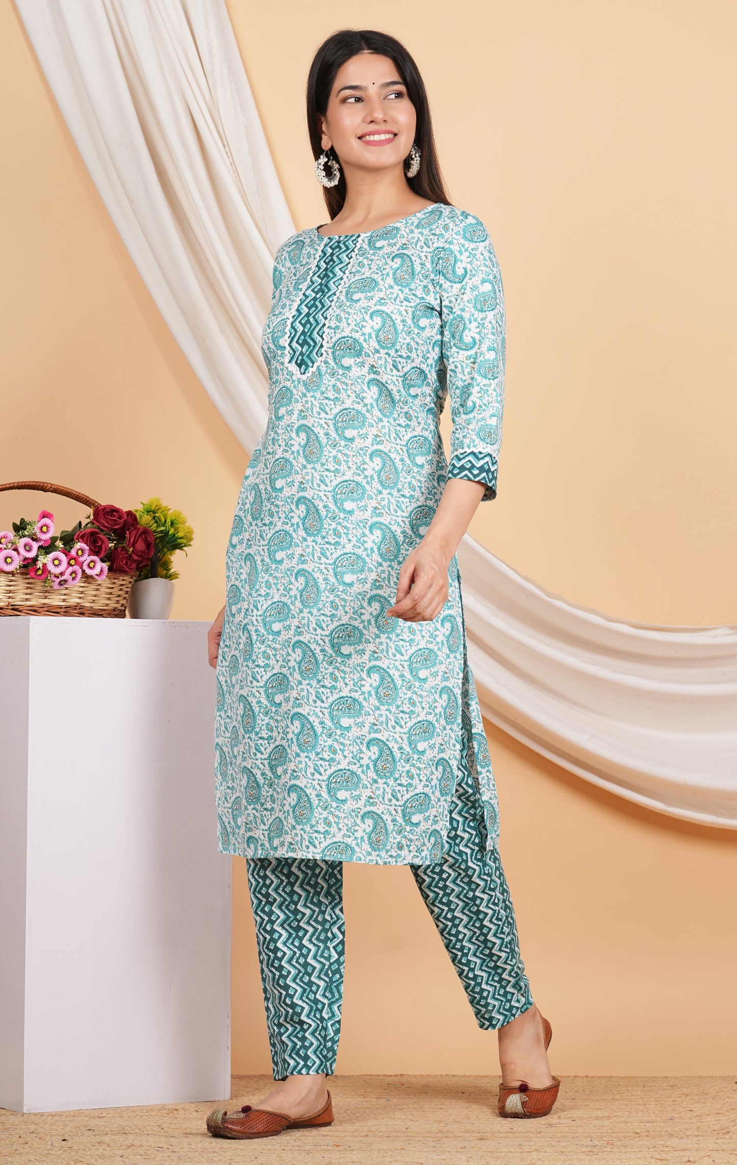 House of RP Women Green Rayon Ethnic Print Kurta & Pant Set | Swadesiicart