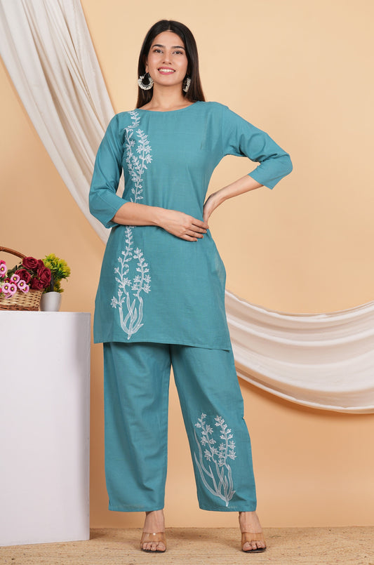 House of RP Women Teal Cotton Embroidered Coords Set | Swadesiicart