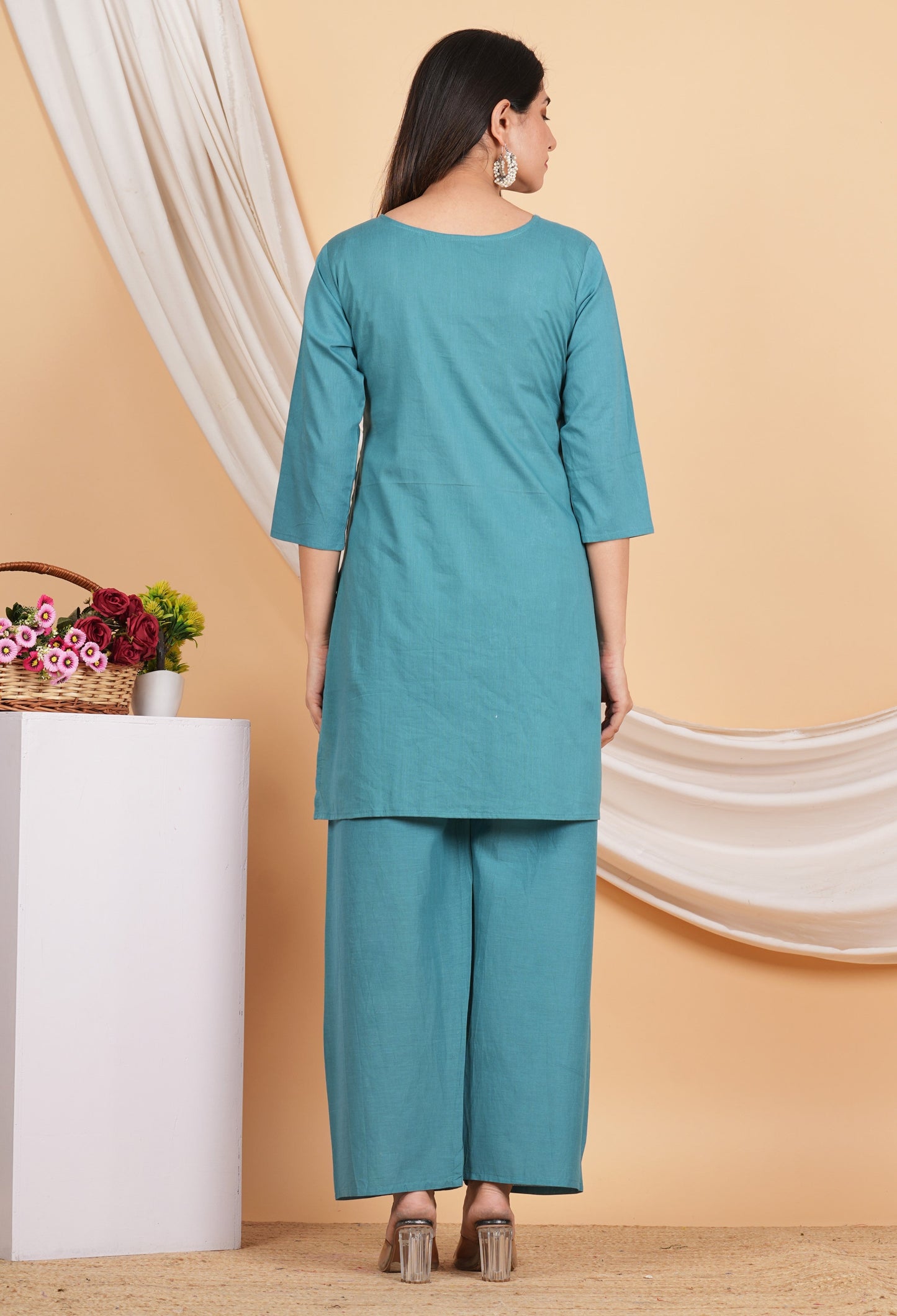 House of RP Women Teal Cotton Embroidered Coords Set | Swadesiicart