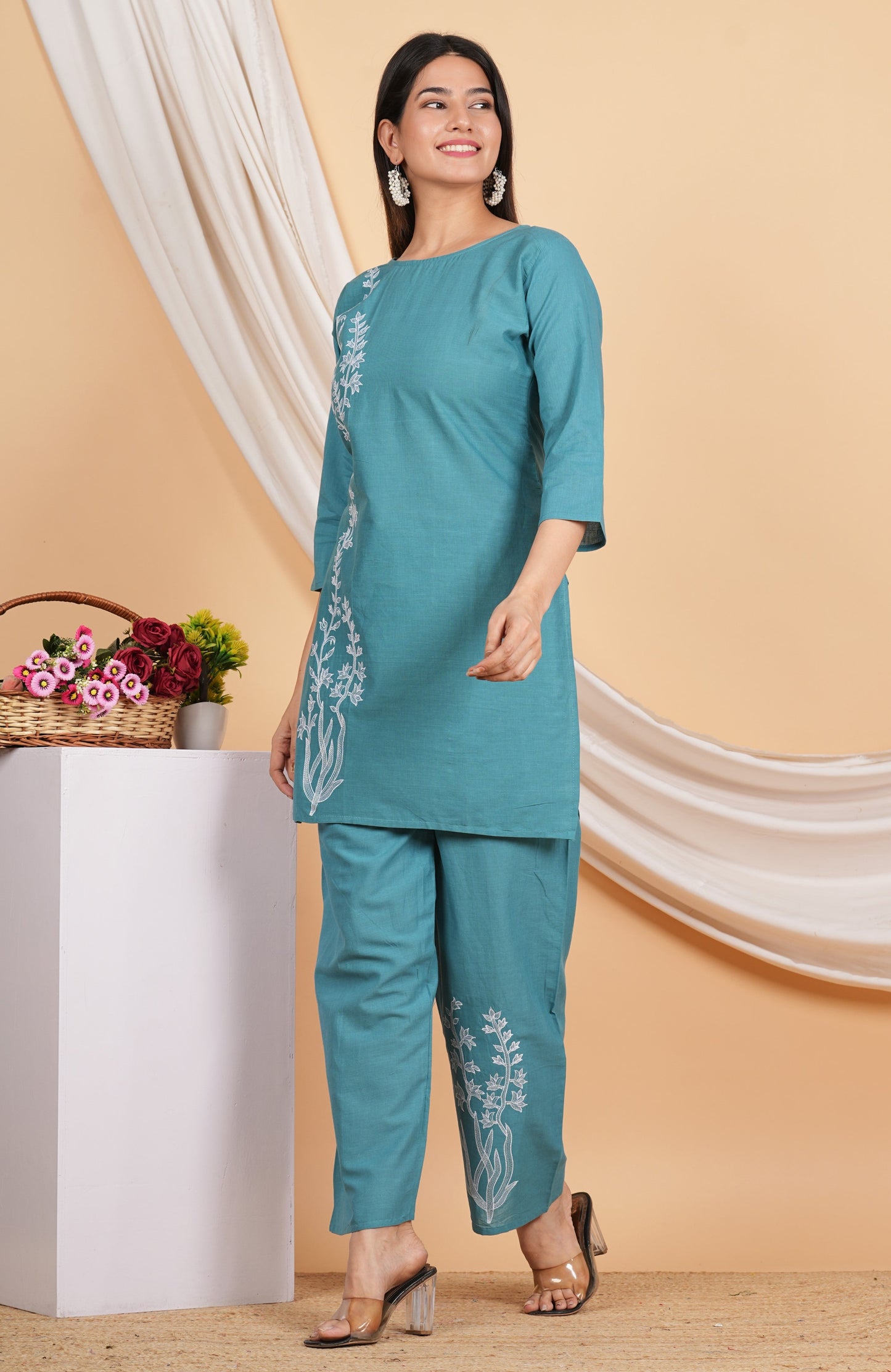 House of RP Women Teal Cotton Embroidered Coords Set | Swadesiicart