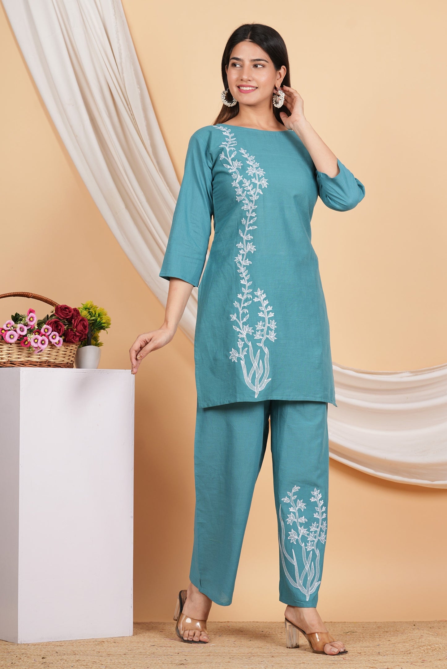 House of RP Women Teal Cotton Embroidered Coords Set | Swadesiicart