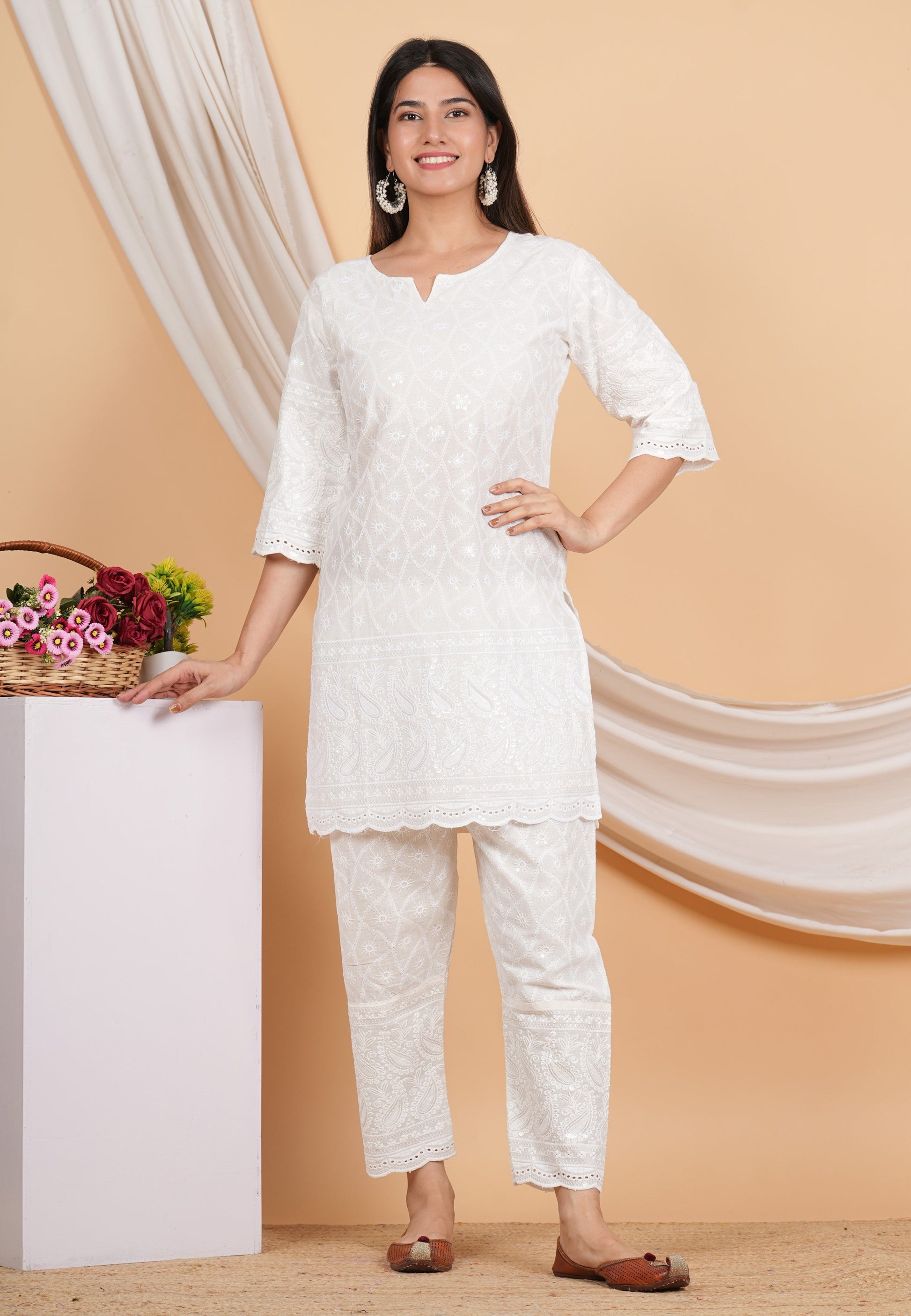 House of RP Women Off-White Cotton Chicken Embroidered Kurta & Pant Set | Swadesiicart