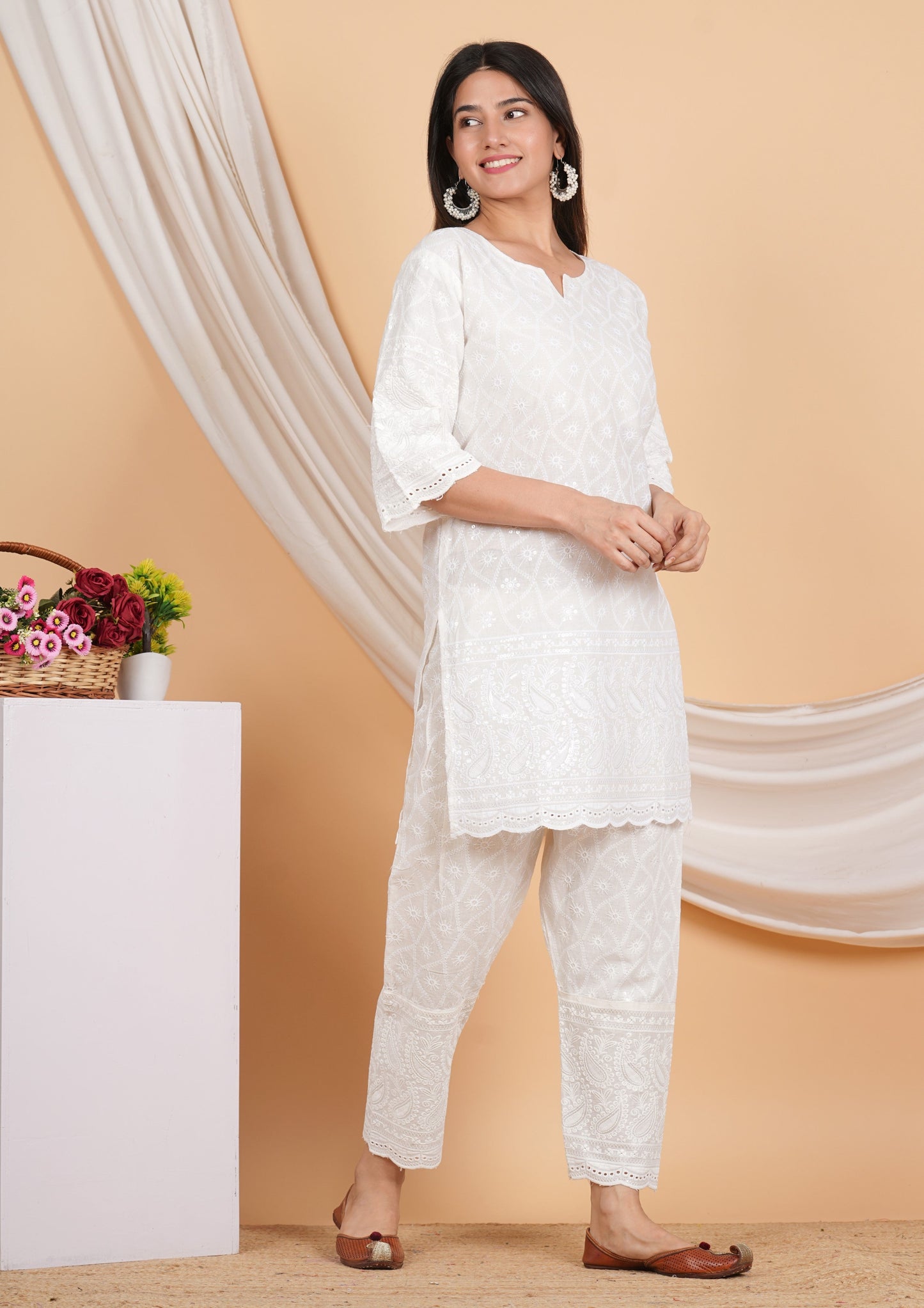 House of RP Women Off-White Cotton Chicken Embroidered Kurta & Pant Set | Swadesiicart