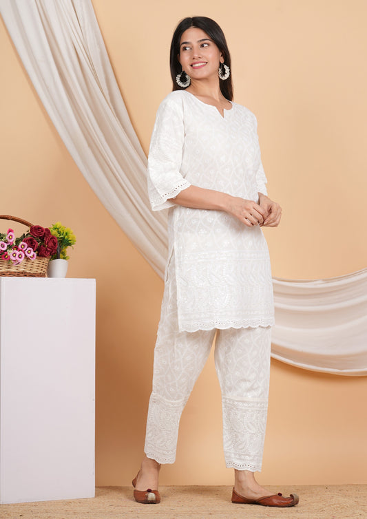 House of RP Women Off-White Cotton Chicken Embroidered Kurta & Pant Set | Swadesiicart