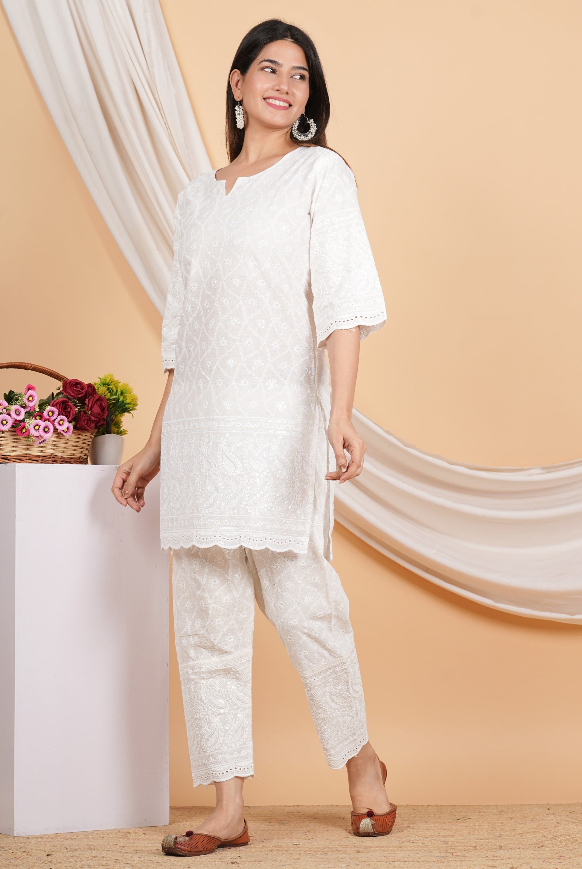 House of RP Women Off-White Cotton Chicken Embroidered Kurta & Pant Set | Swadesiicart