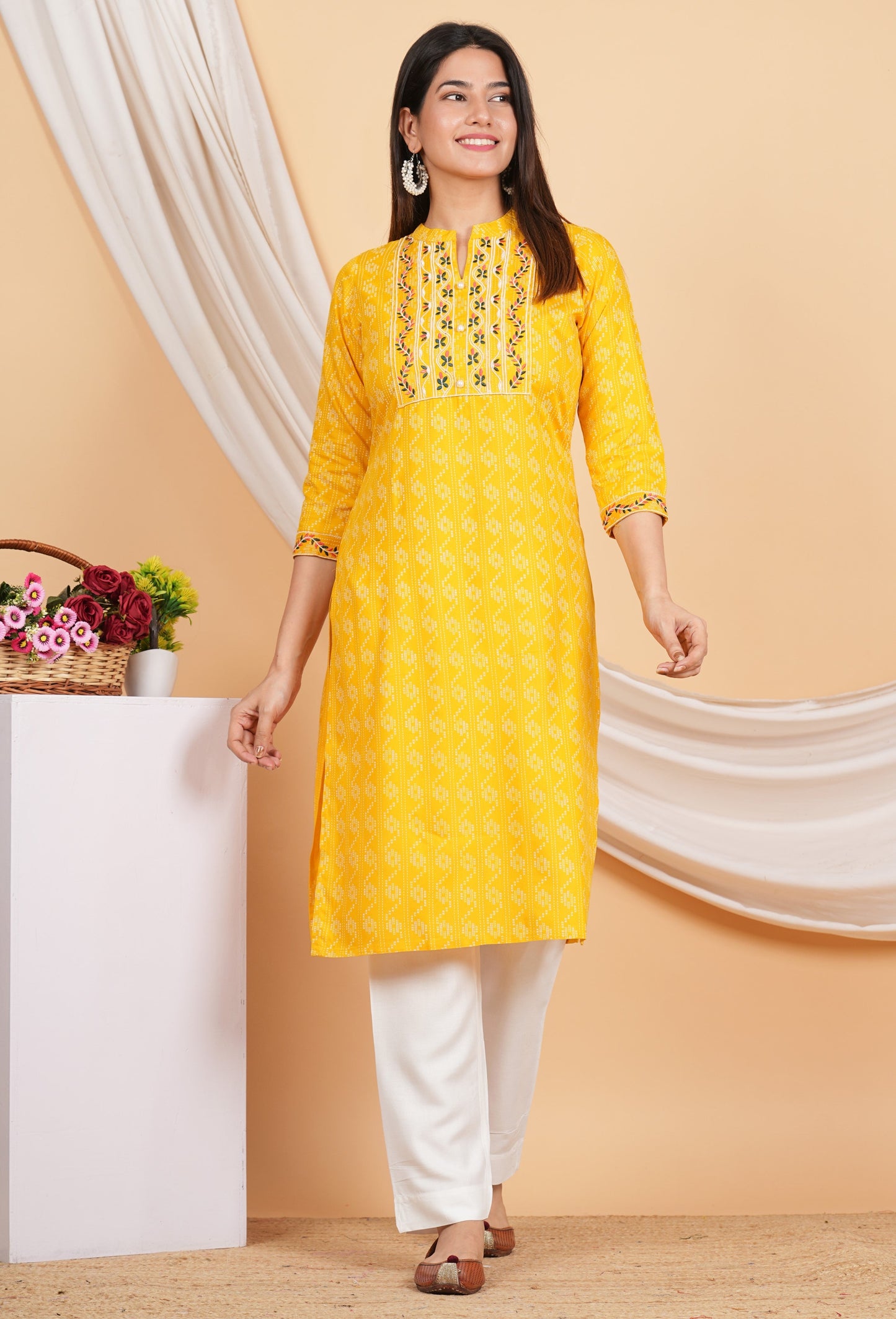 House of RP Women Yellow Rayon Yoke Embroidered Kurta & Pant Set | Swadesiicart