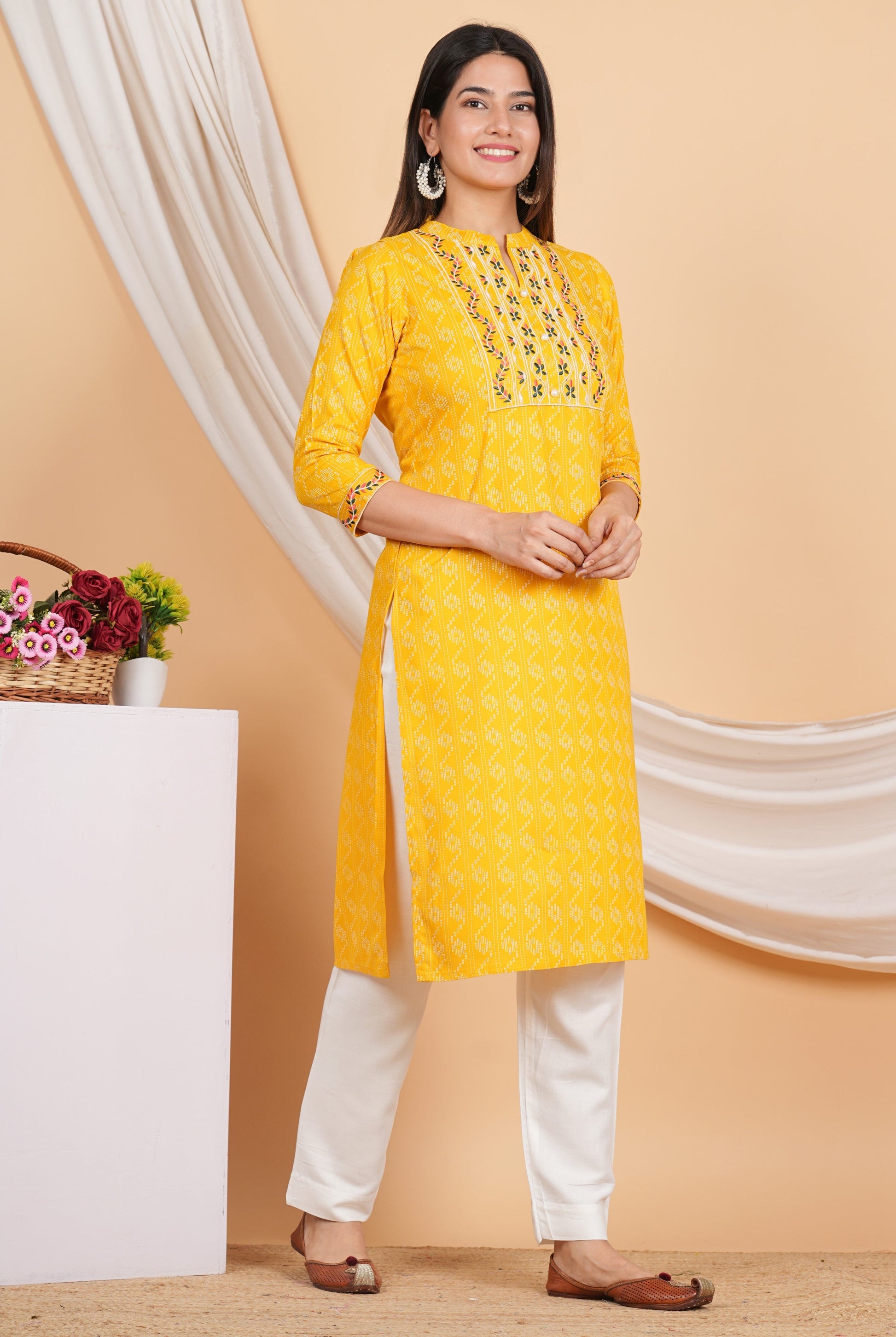 House of RP Women Yellow Rayon Yoke Embroidered Kurta & Pant Set | Swadesiicart