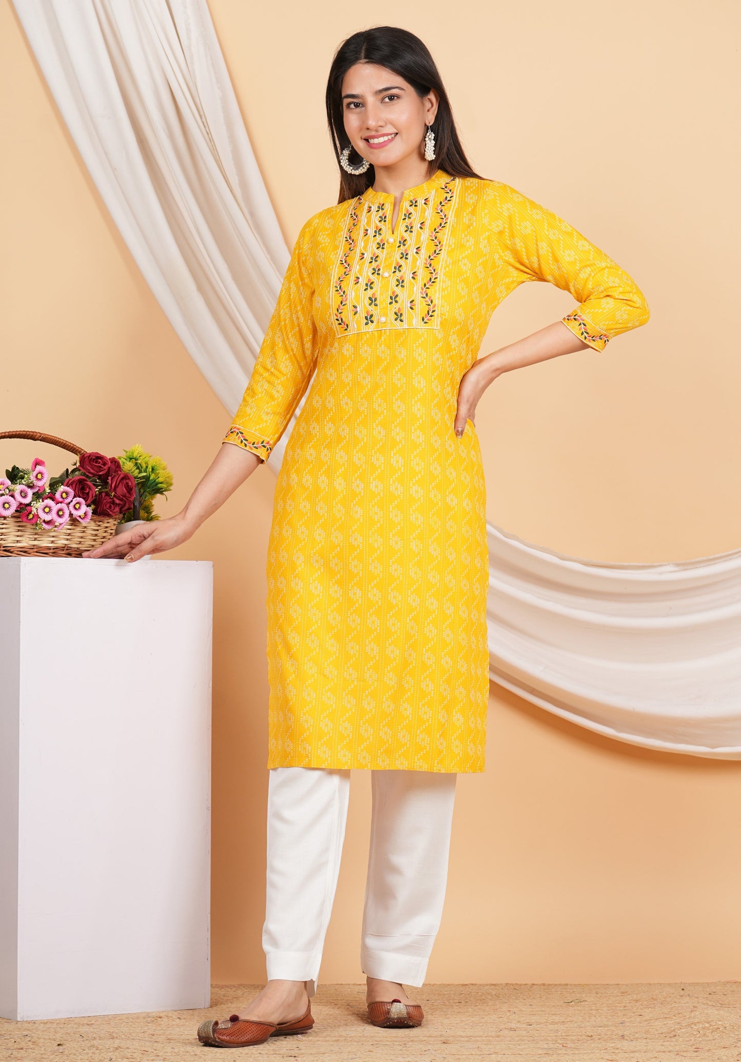 House of RP Women Yellow Rayon Yoke Embroidered Kurta & Pant Set | Swadesiicart