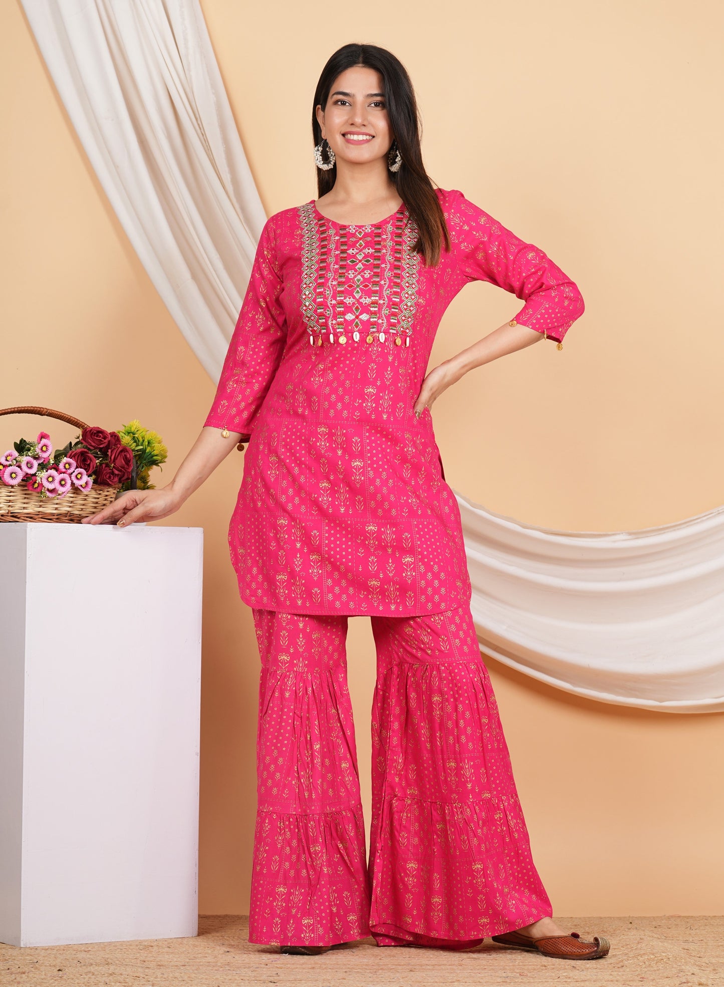 House of RP Women Pink Rayon Embroidered with Printed Kurta & Sharara Set | Swadesiicart