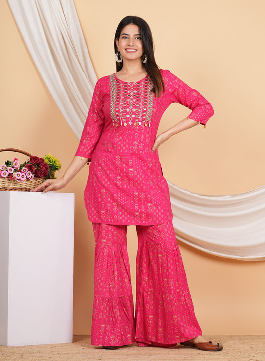 House of RP Women Pink Rayon Embroidered with Printed Kurta & Sharara Set | Swadesiicart