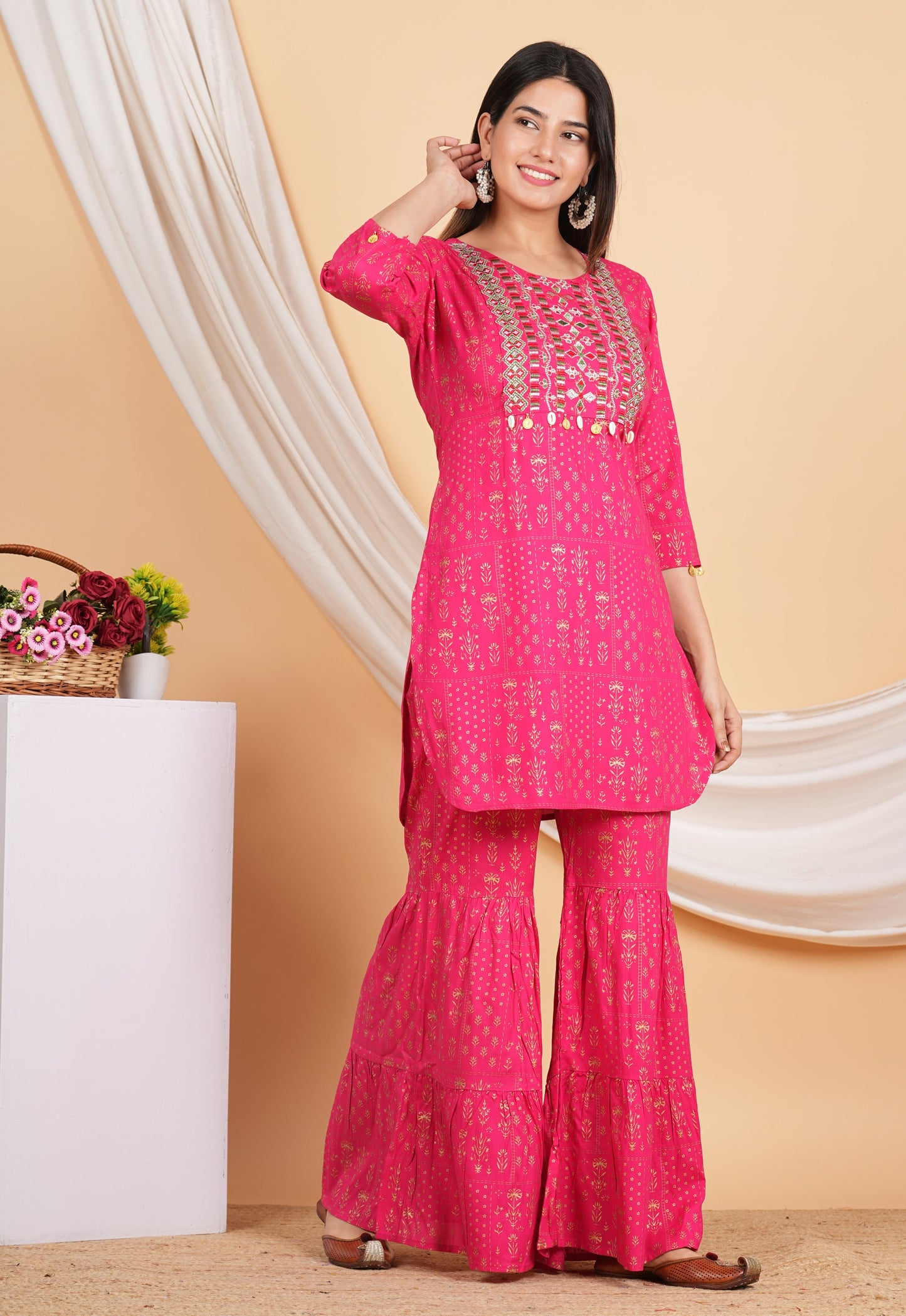 House of RP Women Pink Rayon Embroidered with Printed Kurta & Sharara Set | Swadesiicart
