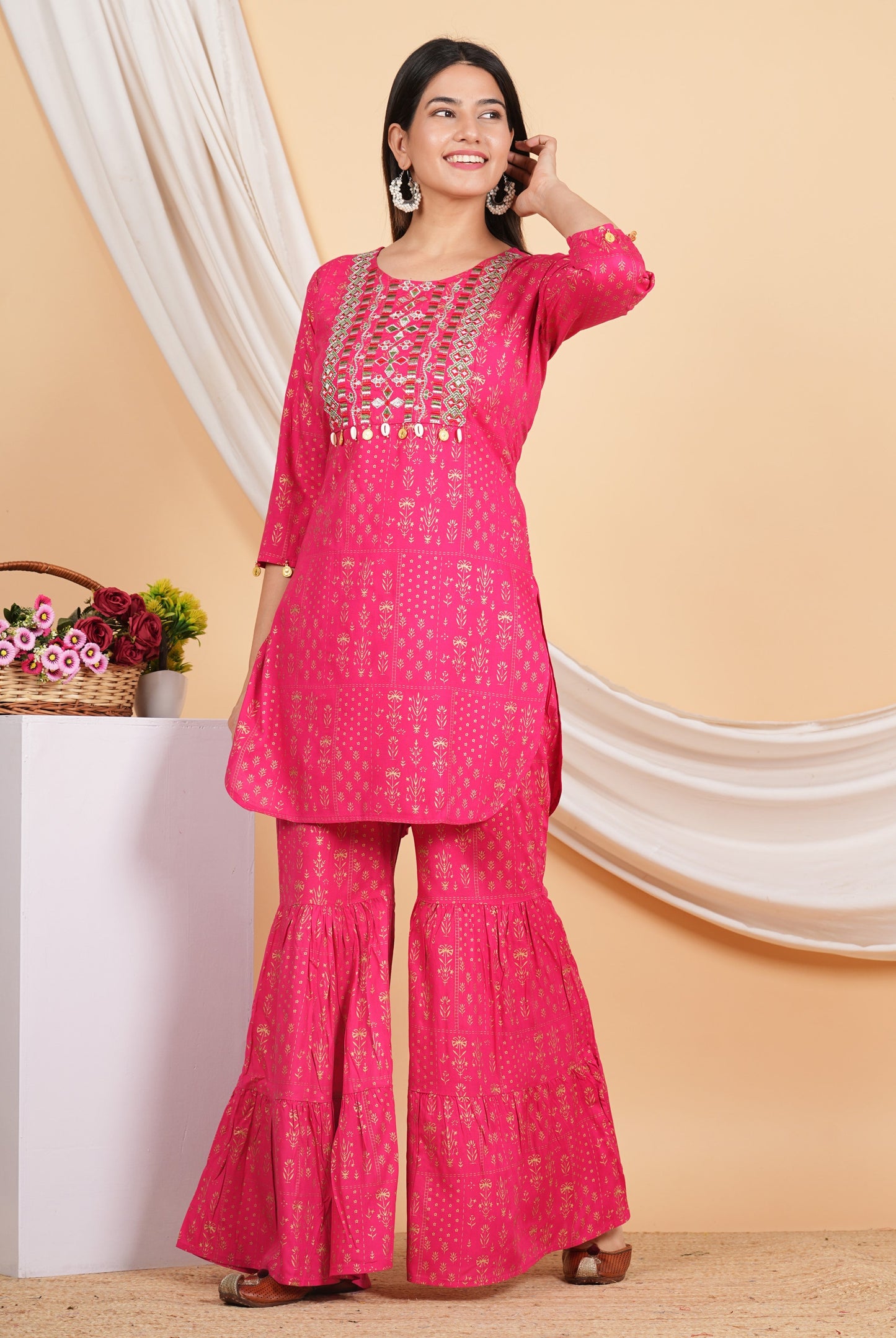 House of RP Women Pink Rayon Embroidered with Printed Kurta & Sharara Set | Swadesiicart