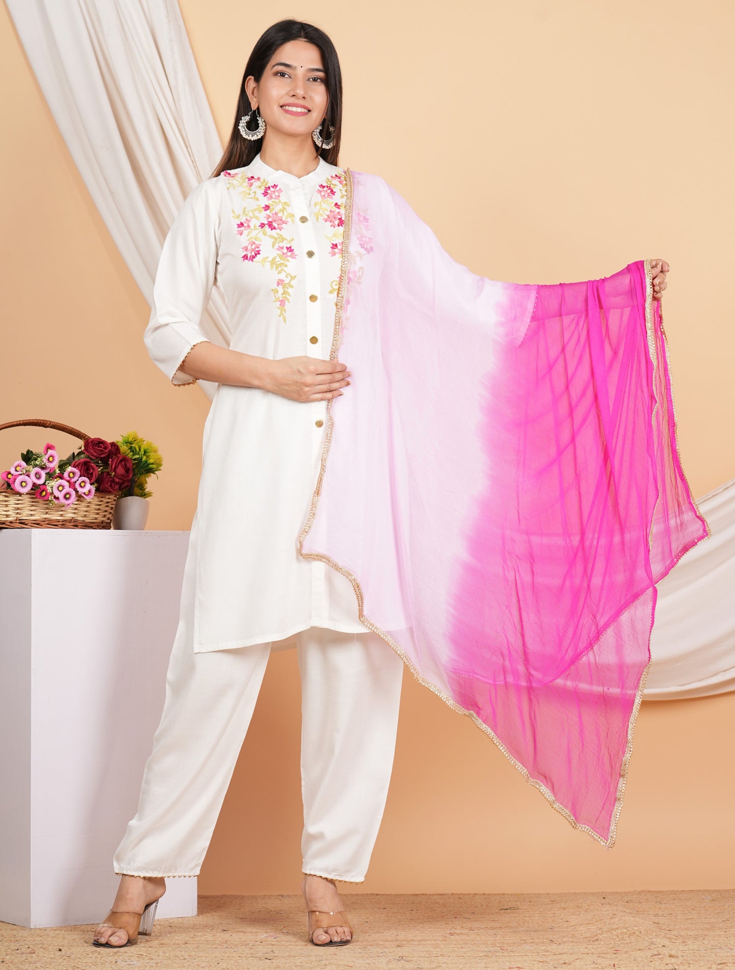 House of RP Women White Rayon Embroidered Kurta, Pant & Dupatta Set | Swadesiicart