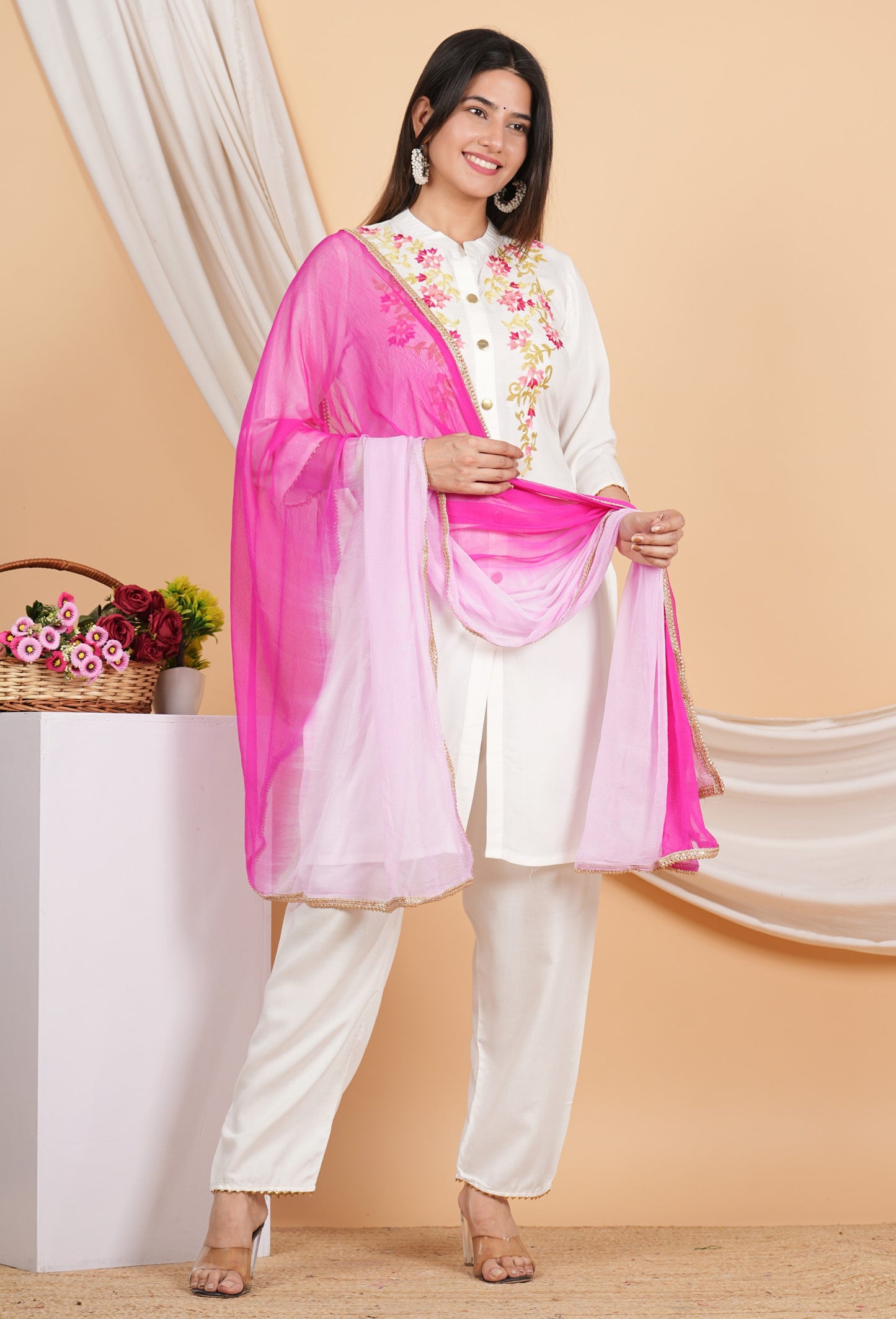 House of RP Women White Rayon Embroidered Kurta, Pant & Dupatta Set | Swadesiicart
