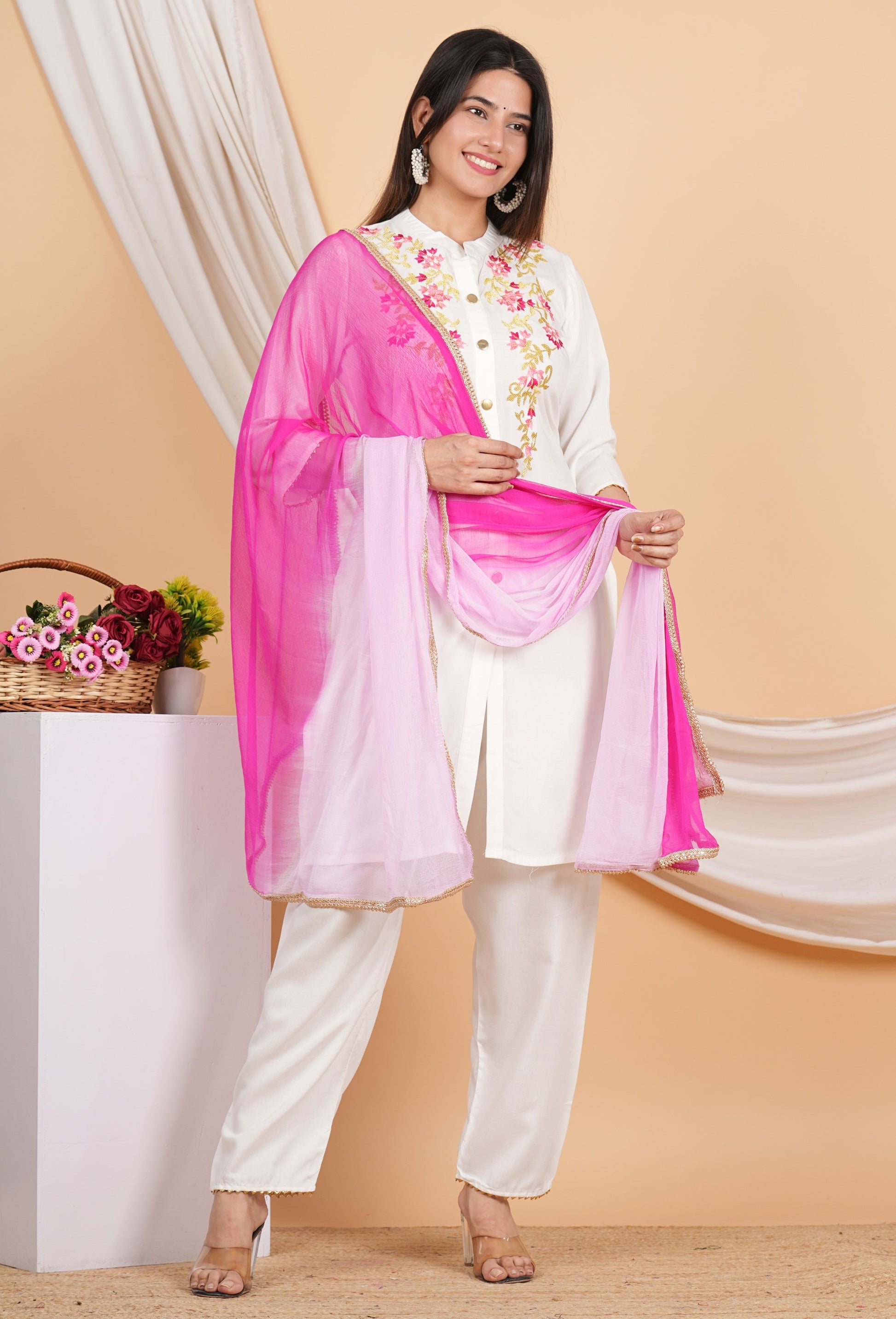 House of RP Women White Rayon Embroidered Kurta, Pant & Dupatta Set | Swadesiicart