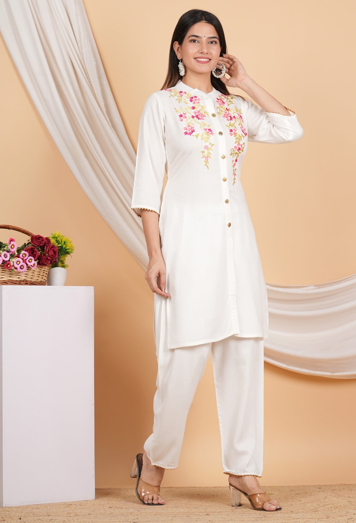House of RP Women White Rayon Embroidered Kurta, Pant & Dupatta Set | Swadesiicart