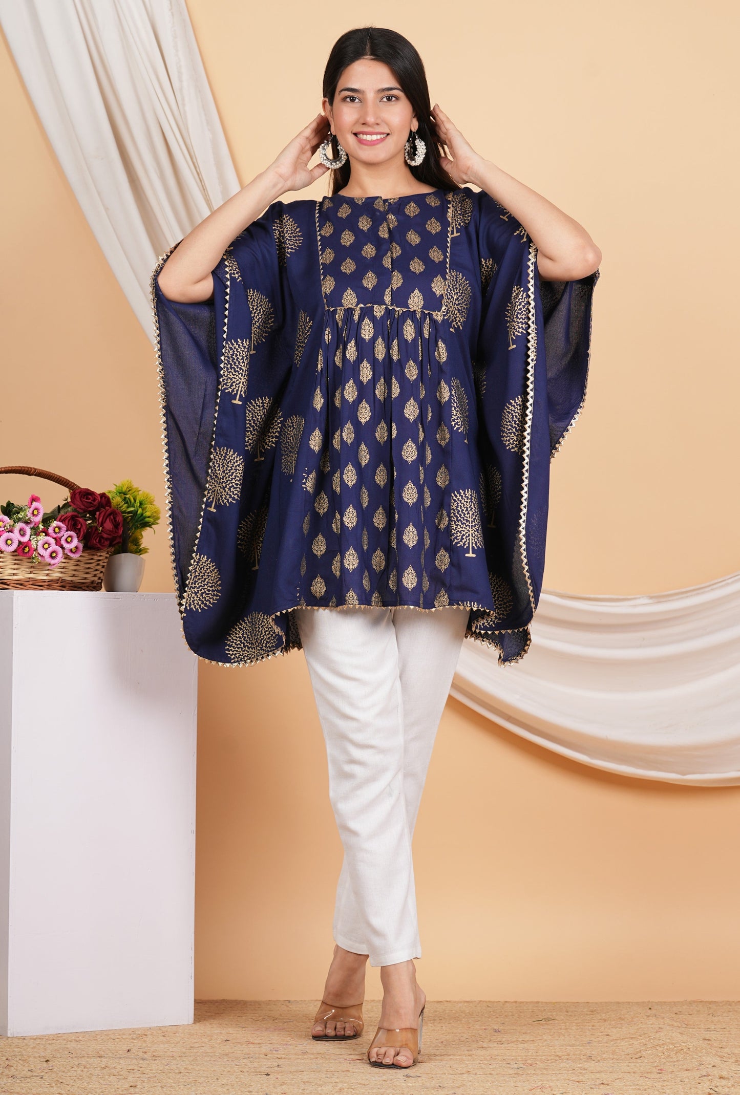 House of RP Women NavyBlue Rayon Ethnic Print Kaftan | Swadesiicart