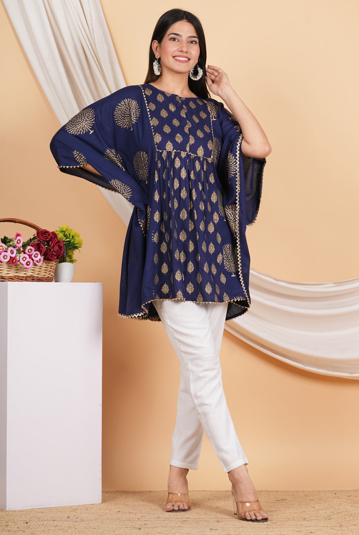 House of RP Women NavyBlue Rayon Ethnic Print Kaftan | Swadesiicart