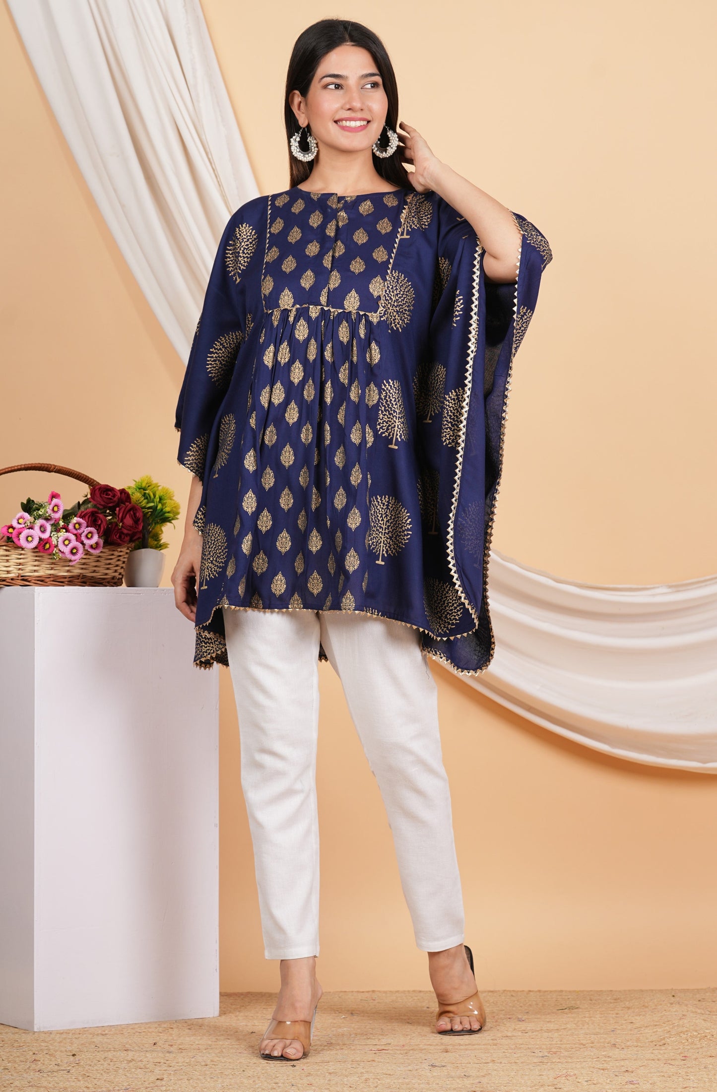 House of RP Women NavyBlue Rayon Ethnic Print Kaftan | Swadesiicart