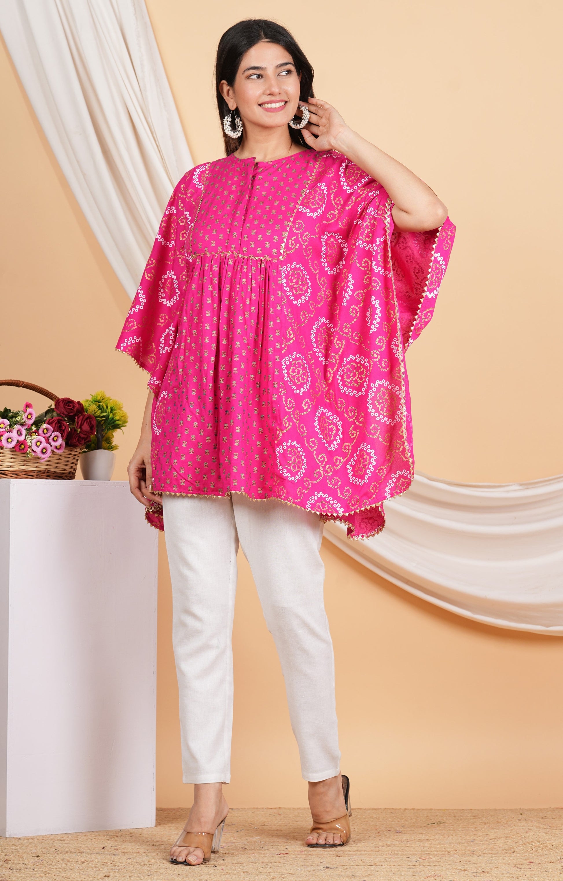 House of RP Women Pink Rayon Ethnic Print Kaftan | Swadesiicart