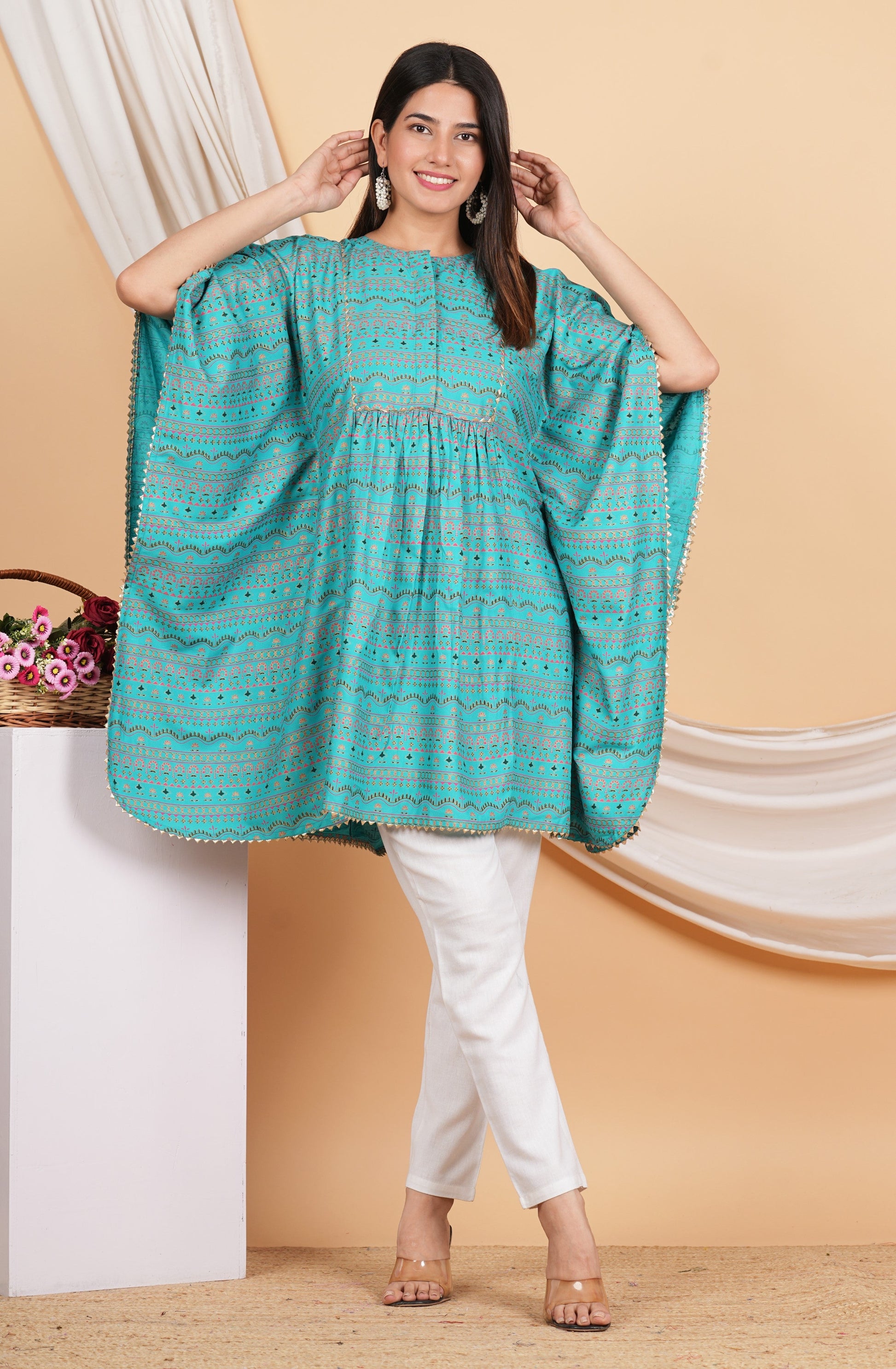 House of RP Women SkyBlue Rayon Ethnic Print Kaftan | Swadesiicart