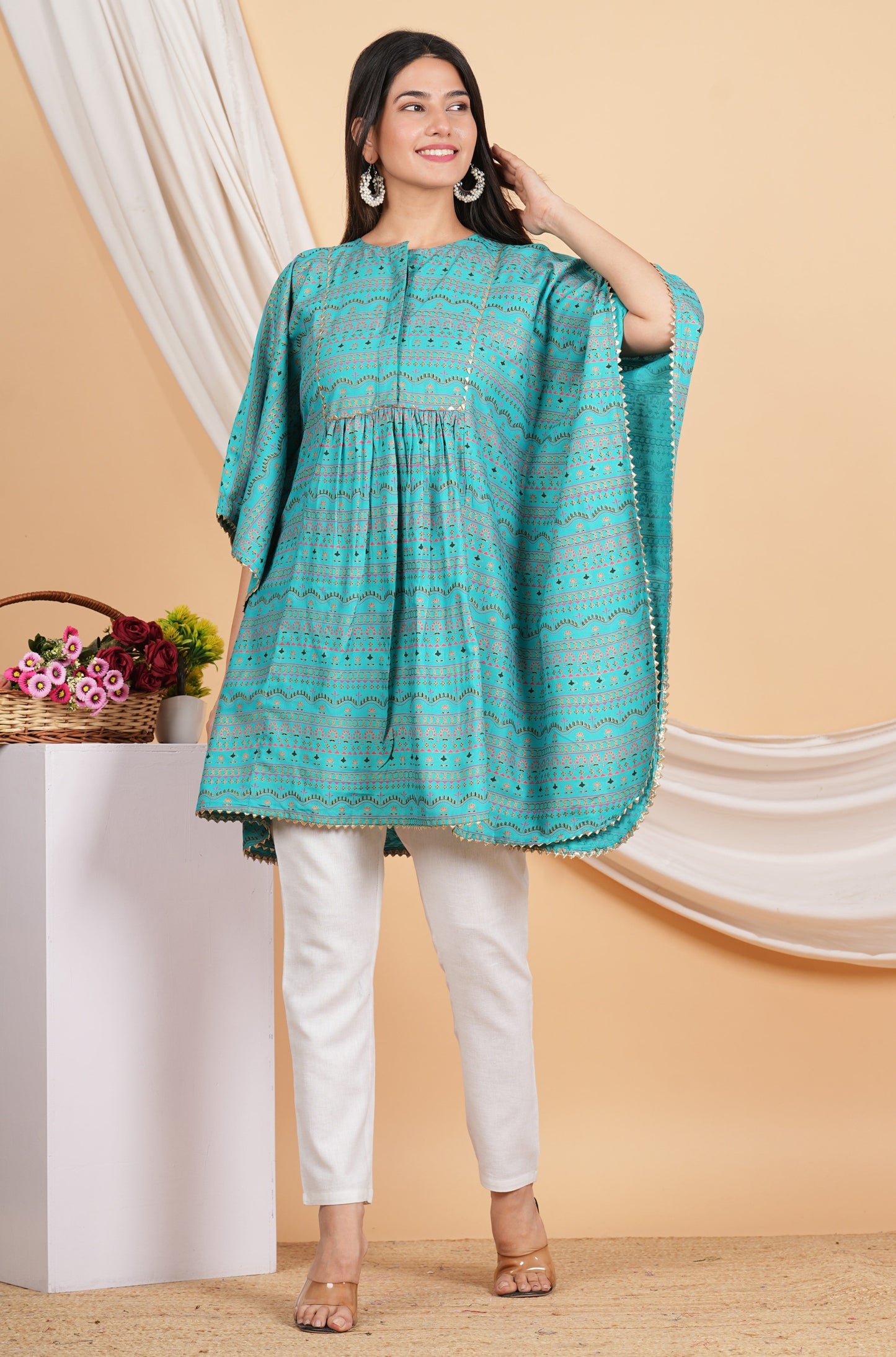 House of RP Women SkyBlue Rayon Ethnic Print Kaftan | Swadesiicart