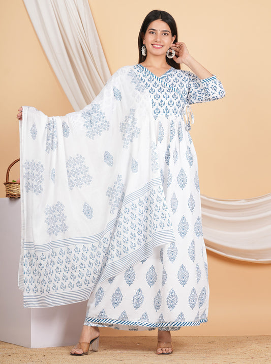 House of RP Women White & Blue Rayon Floral Print Kurta, Pant & Dupatta Set | Swadesiicart