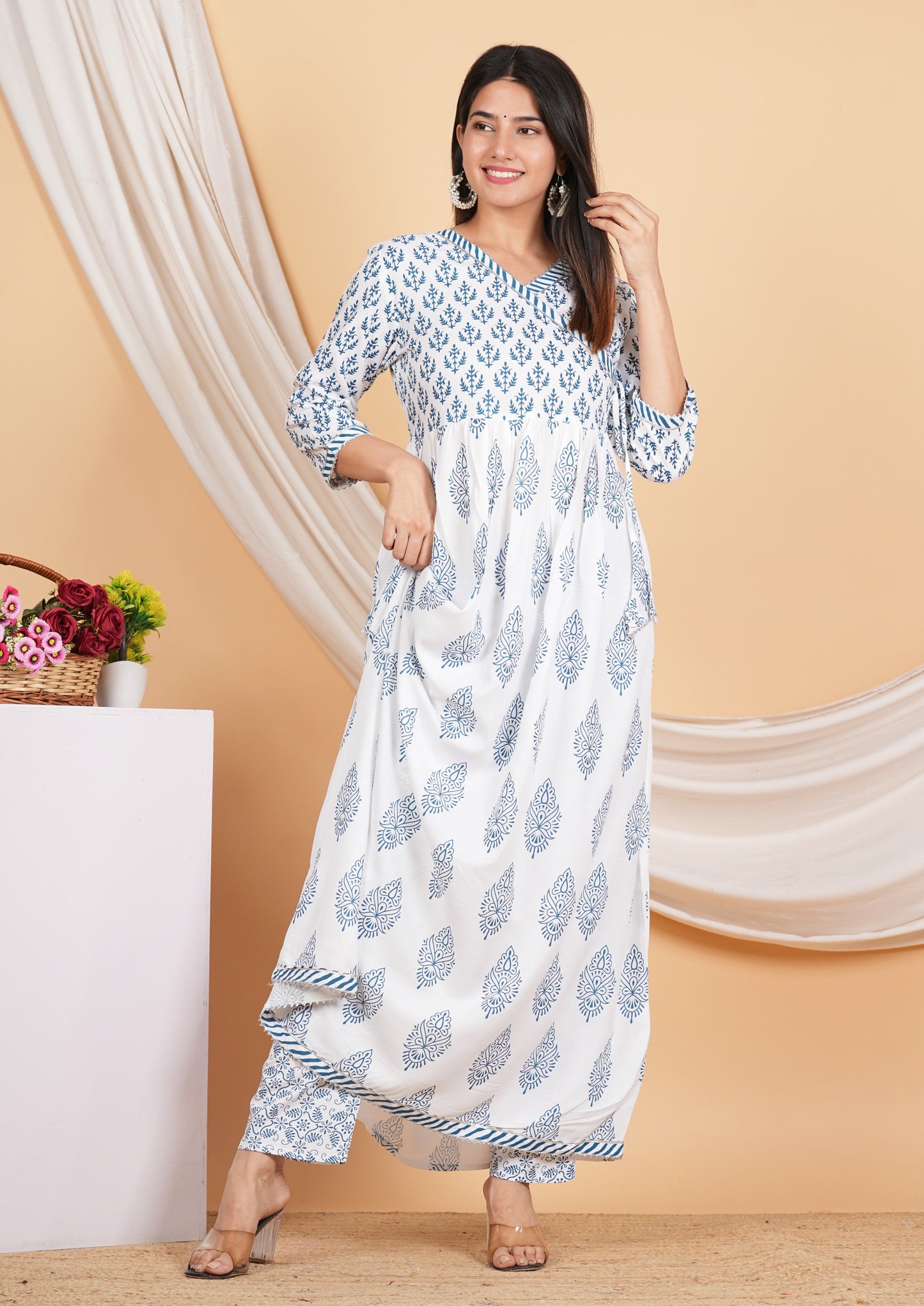 House of RP Women White & Blue Rayon Floral Print Kurta, Pant & Dupatta Set | Swadesiicart