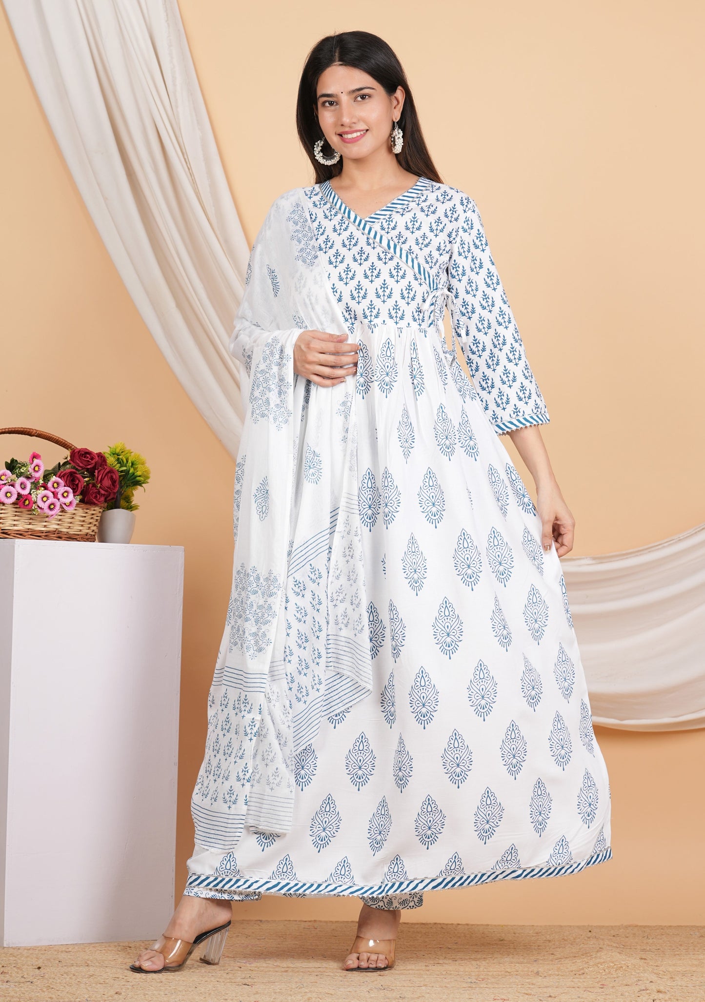 House of RP Women White & Blue Rayon Floral Print Kurta, Pant & Dupatta Set | Swadesiicart
