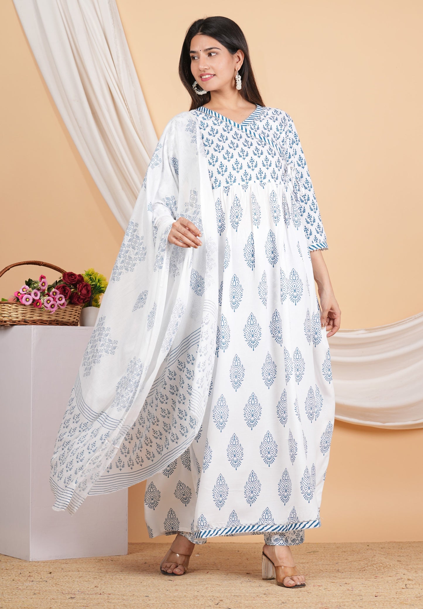 House of RP Women White & Blue Rayon Floral Print Kurta, Pant & Dupatta Set | Swadesiicart